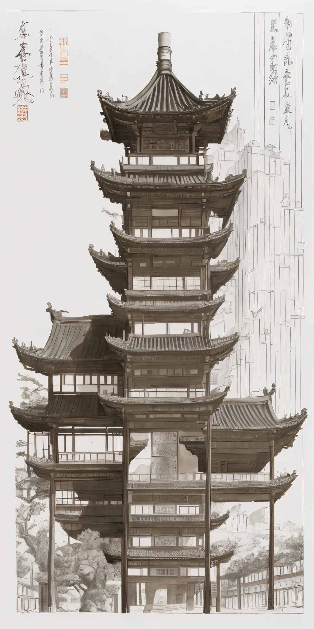 Clean lines,Nine-story tower,Black and white,complete,ink and watercolor painting,Chinese classical,On flat ground,no trees no mountains