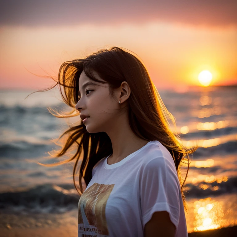 japanese girl　brown bikini　smooth and soft skin　Delicate hair tousled by the wind　Ocean　summer night　sandy beach　starry sky　A dream-like huge and realistic full moon　professional lighting