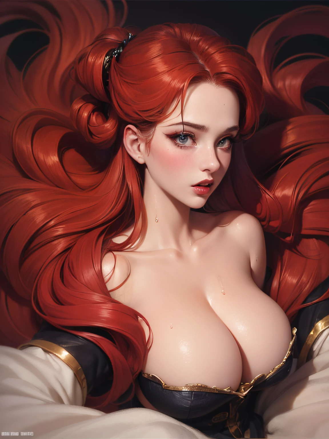 (masterpiece:1.2, best quality), realistic, (real picture, intricate details, depth of field), (1girl, solo), make up, parted lips, highly-detailed, gorgeous perfect face, (huge breasts:1.8), (skindentation), thick thighs, (wide hips), average waist, tall, Luscious red lips, (Long Voluminous Wild Scarlet Red hairs), beautiful blue eyes, (sweating:1.2), (wet), sexy, blushing, (Adult Temptress) Voluptuous, Curvy, (Seductive dynamic pose) (Hanging breasts), (Deep Cleavage), (Disproportional tits), Lustful gaze, Sultry Woman, Temptation