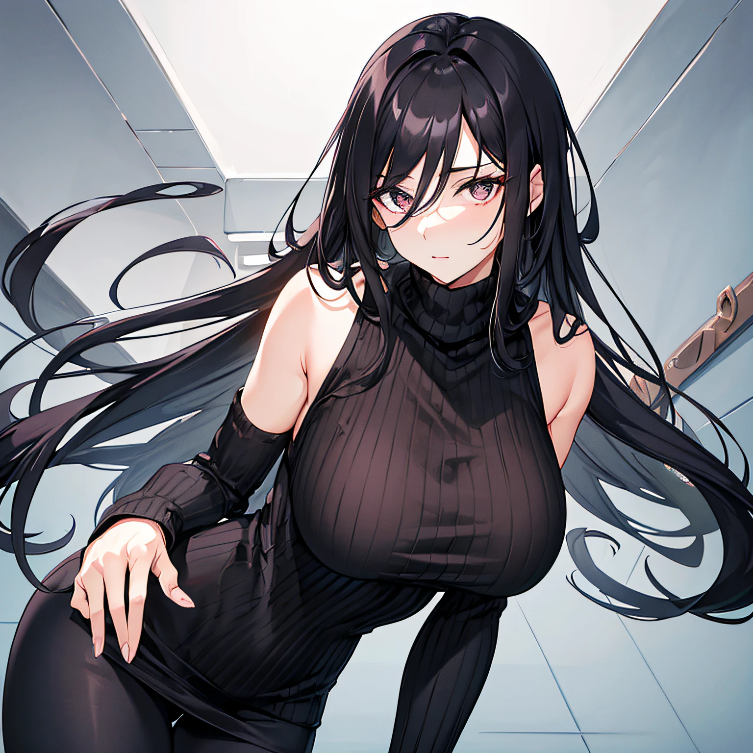 1 Tall mature woman with long hair, black colored eyes, large breasts, wearing a grey turtleneck sweater, black leggings, swooning over viewer, loving eyes