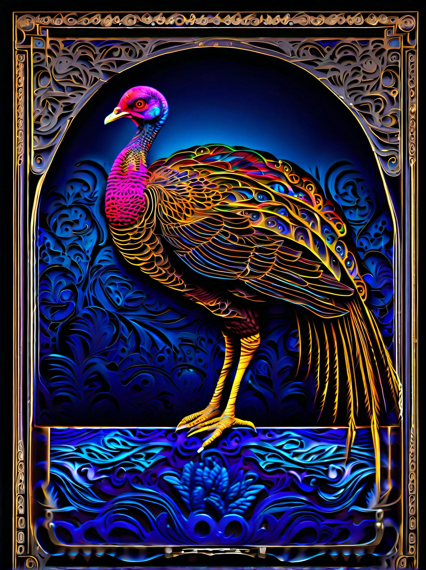 perfect freeze motion of stands alone turkey with top_hat is broken glass, alluring aura surrounds, perfect fusion of fantasy and reality in this visually stunning piece, world of dark fantasy and psychedelic trance, use of acrylic and black light paints, tempting unique and creative touch, while the traditional artistry of the first sketch, created with a fountain pen, sense of depth and skill, negative space and dark touches, overall mesmerizing effect of this masterpiece, intricate designs and masterful craftsmanship, mysterious touch background detail, (((glory intricate stunning illustrations:1.3))),