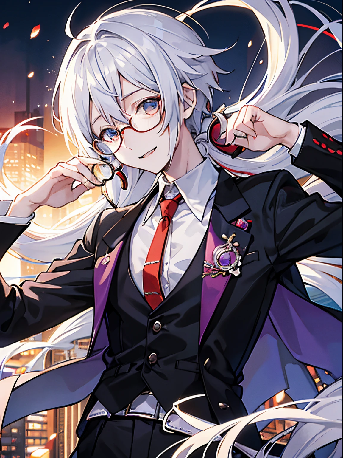 (masutepiece)(high-detail)male in his 20s、white hair、poneyTail、tailcoat、neck tie、He wears round glasses with no rims、bright expression、Happily、Background with(SF wind、City of Machines、Darker)