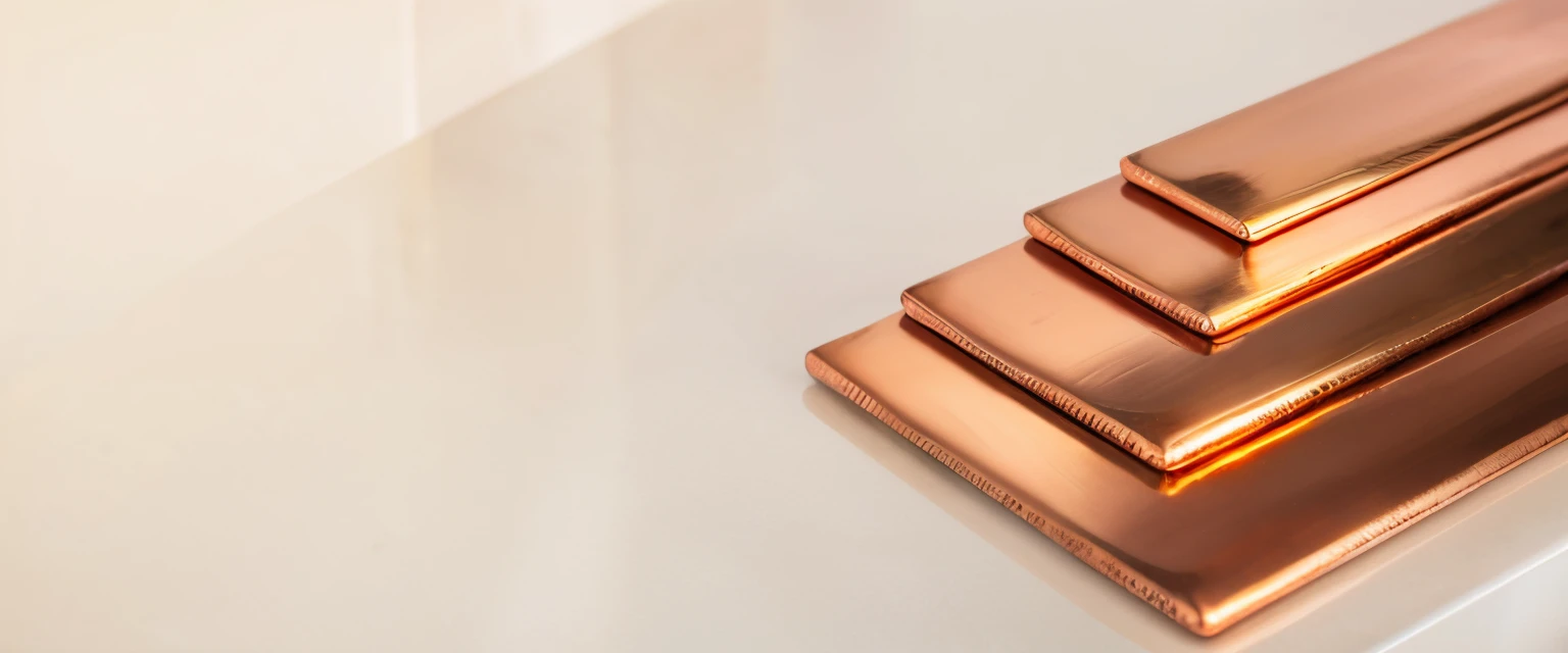 Close-up of a pile of copper bars on a white table, copper cladding, copper, Copper element, Copper details, Material Brass & copper gold,