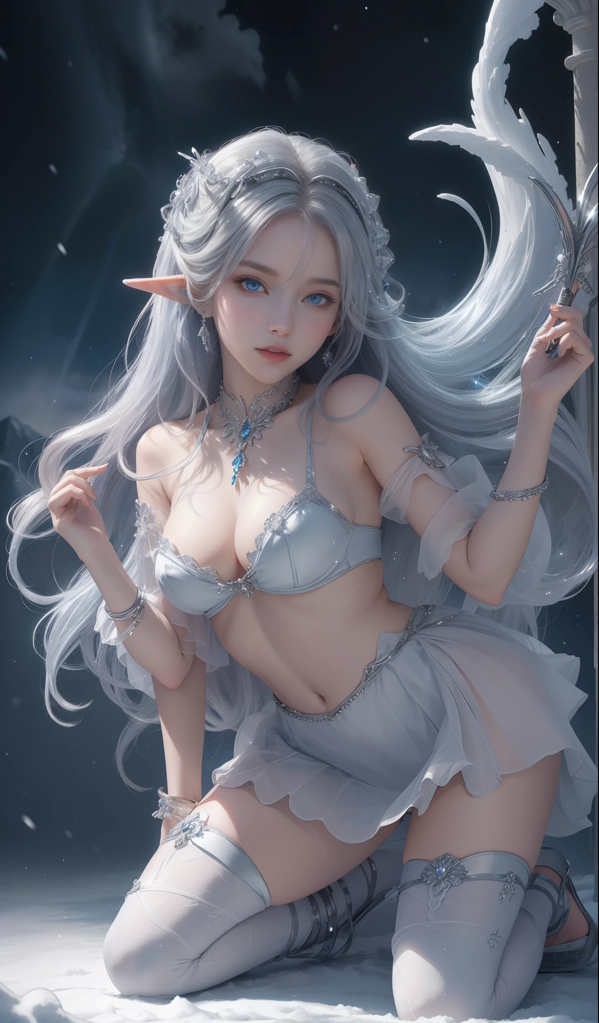 tmasterpiece，Highest image quality，Beautiful kneeling portrait of noble elf girl，Delicate silver hairstyle，clear sky blue eyes，Various well-made jewelry gauze skirts，heeled sandals，snowy desert，Moonlight super detailed，advanced。At the Pixiv Art Station，Break your own power，Luigi，Big breasts exposing cleavage，R-18G