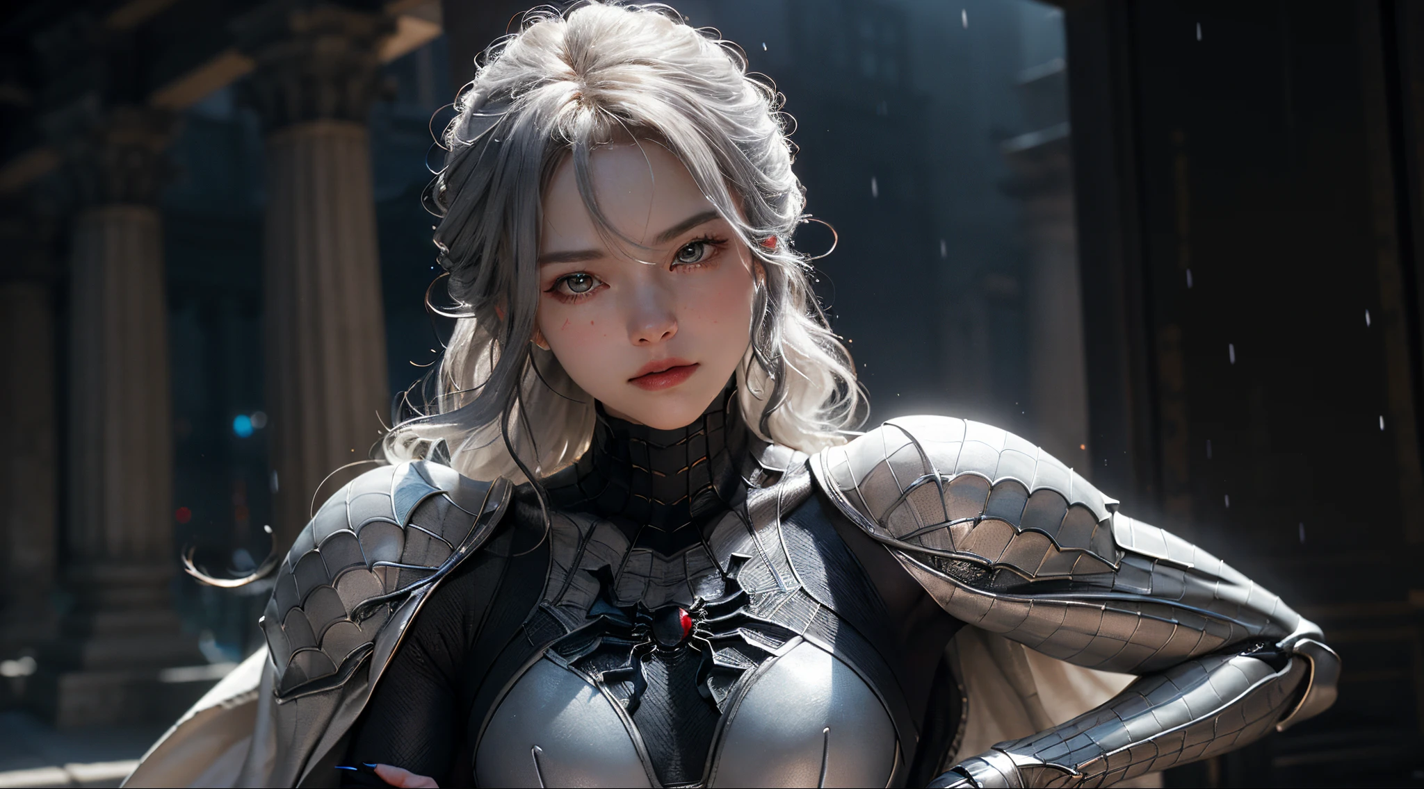 (Extreme Detail CG Unity 8K wallpaper, masterpiece, highest quality), (Exquisite lighting and shadow, highly dramatic picture, Cinematic lens effect), a beautiful girl in a white Spider-Man costume, silver gray hair color, long hair, from the Spider-Man parallel universe, Wenger, Marvel, Spider-Man, in the ancient temple, in the rain, very beautiful face, silver claws, dynamic pose), (excellent detail, excellent lighting, wide angle), (excellent rendego on ancient temple, enough to stand out in its class), focus on white Spider-Man costumes, complex spider textures