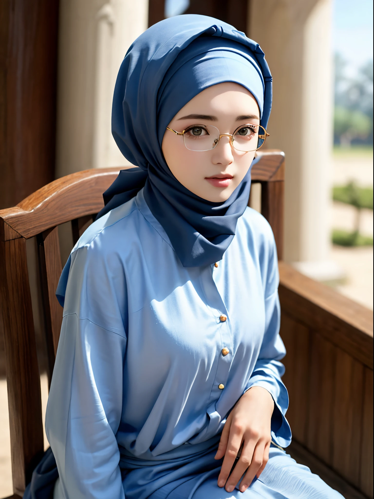 1girl, (Angeli Khang:1.3), solo, beautiful face, high detailed realistic eyes, double eyelids, high detailed realistic pupils, upon body from head to waist, (wearing hijab:1.2), (moslem headscarf:1.2), reading glasses, sitting alone on a long chair, amazing mosque park background, taj mahal