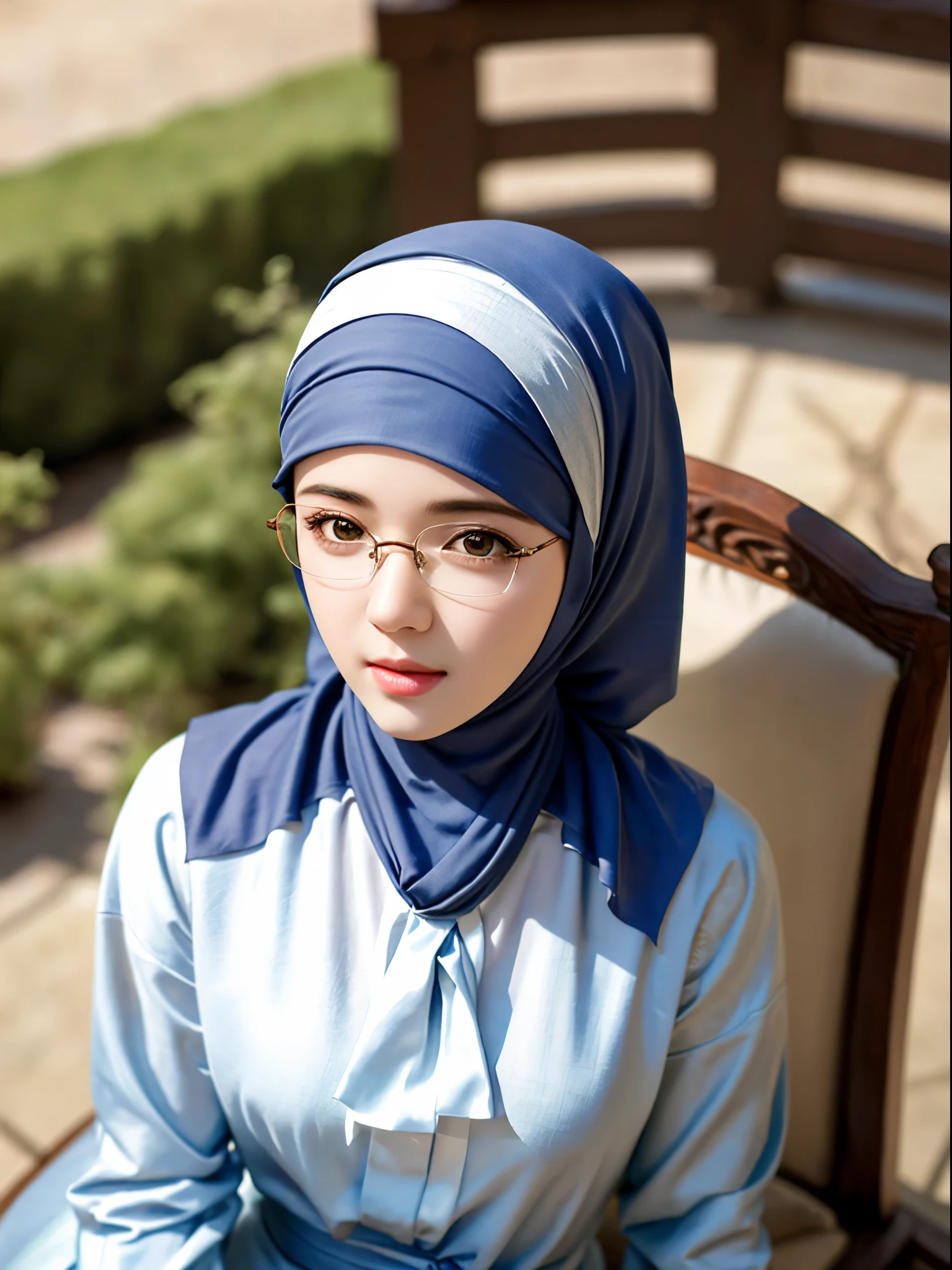 1woman, solo, beautiful face, high detailed realistic eyes, double eyelids, high detailed realistic pupils, upon body from head to waist, (wearing hijab:1.2), (moslem headscarf:1.2), reading glasses, sitting alone on a long chair at the amazing mosque park