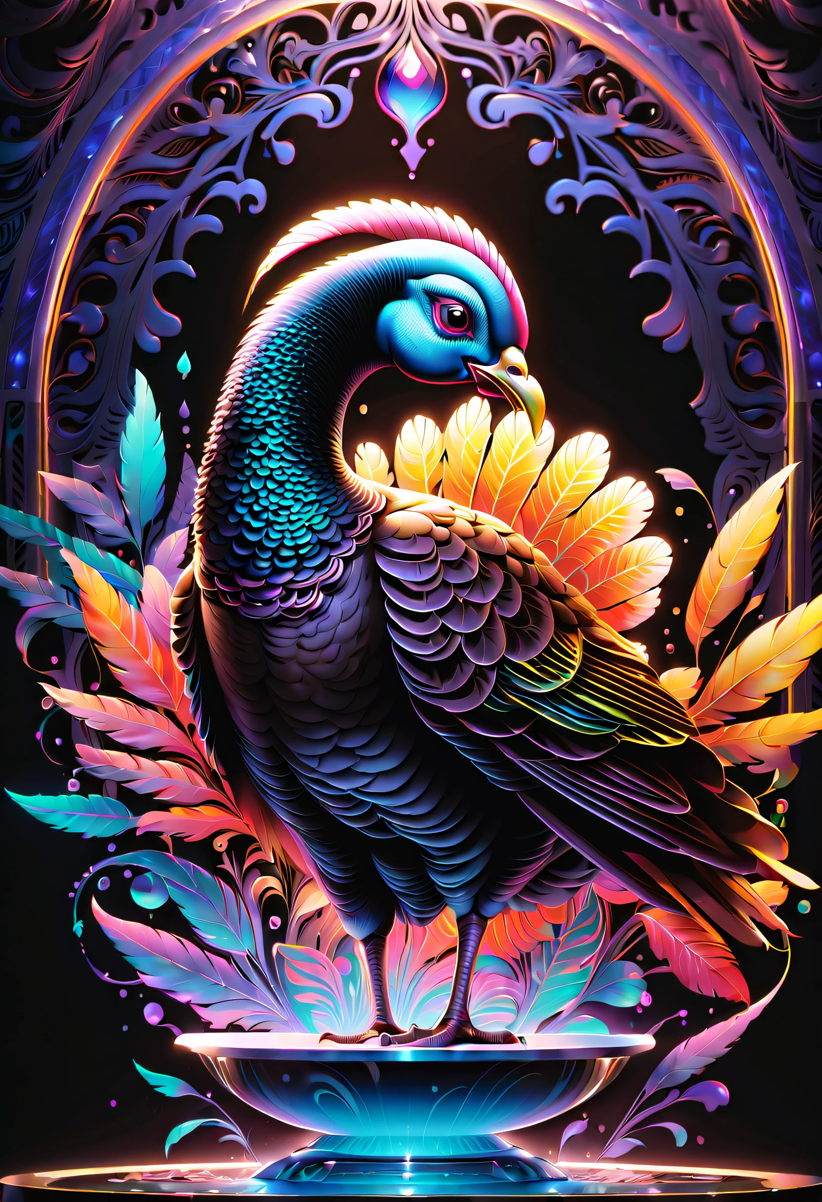 perfect focal point of stands alone turkey is glass, alluring aura surrounds, perfect fusion of fantasy and reality in this visually stunning piece, world of dark fantasy and psychedelic trance, use of acrylic and black light paints, tempting unique and creative touch, while the traditional artistry of the first sketch, created with a fountain pen, sense of depth and skill, negative space and dark touches, overall mesmerizing effect of this masterpiece, intricate designs and masterful craftsmanship, mysterious touch background detail, glory intricate stunning illustrations,