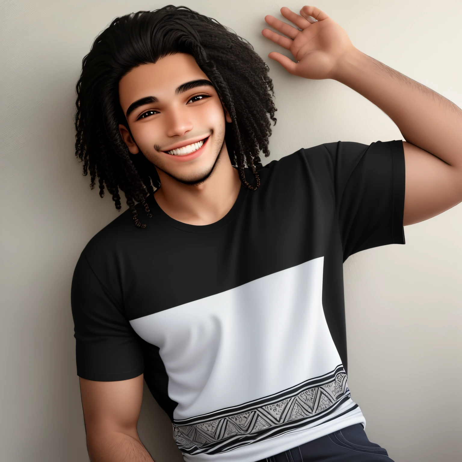 Jovem de 21 anos de idade com uma camisa branca negro magro sorrindo cabelo curto