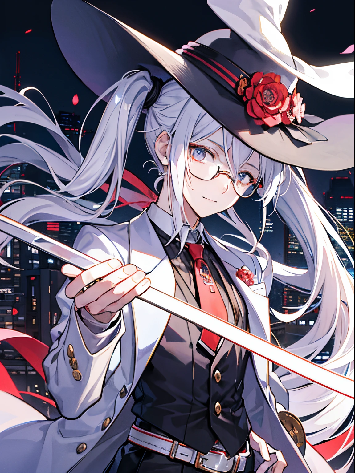 (masutepiece)(high-detail)male in his 20s、white hair、poneyTail、Hats、tailcoat、neck tie、He wears round glasses with no rims、bright expression、Happily、Background with(SF wind、City of Machines、Darker)
