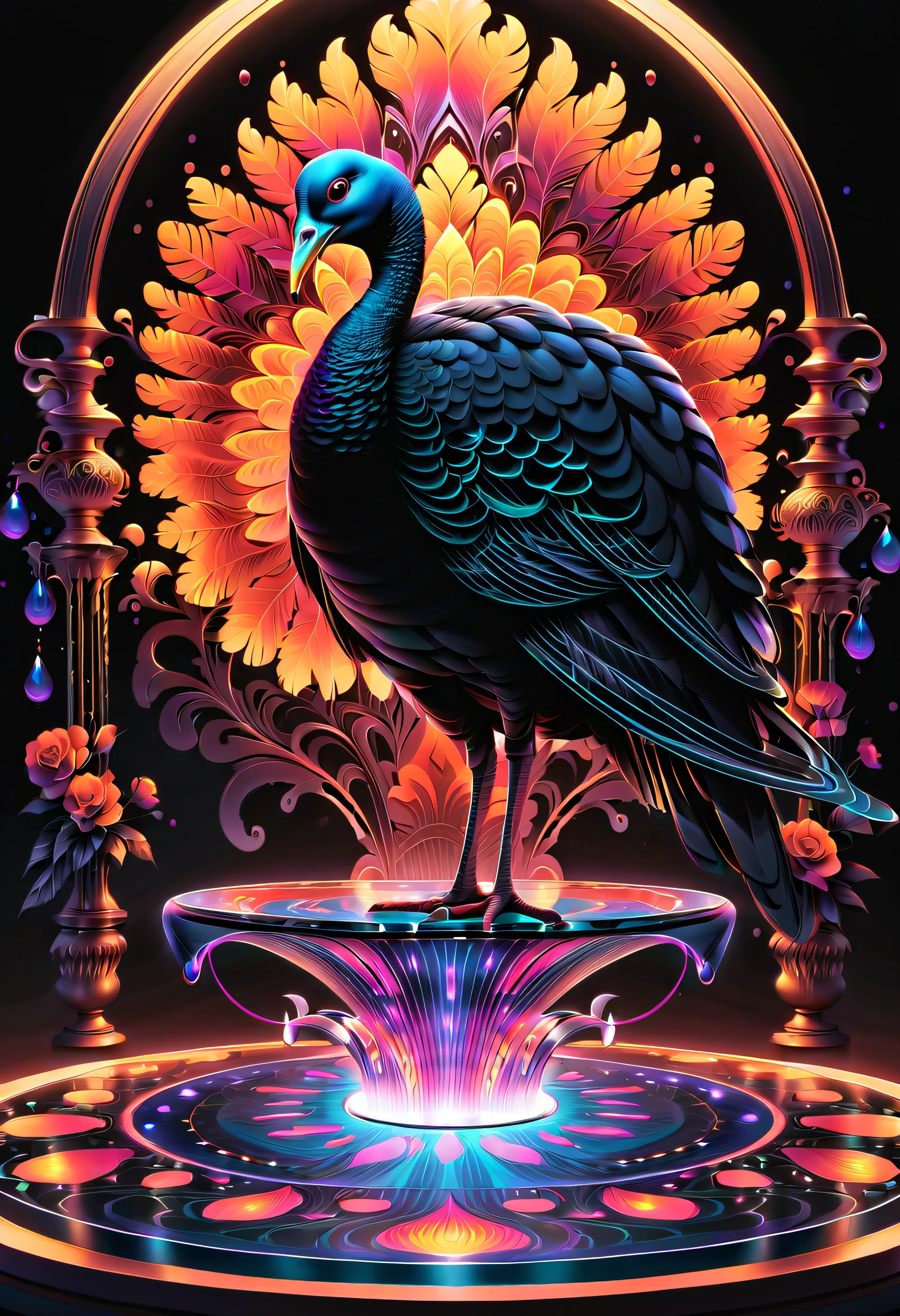 perfect freeze motion of stands alone turkey with top_hat is broken glass, alluring aura surrounds, perfect fusion of fantasy and reality in this visually stunning piece, world of dark fantasy and psychedelic trance, use of acrylic and black light paints, tempting unique and creative touch, while the traditional artistry of the first sketch, created with a fountain pen, sense of depth and skill, negative space and dark touches, overall mesmerizing effect of this masterpiece, intricate designs and masterful craftsmanship, mysterious touch background detail, (((glory intricate stunning illustrations:1.3))),