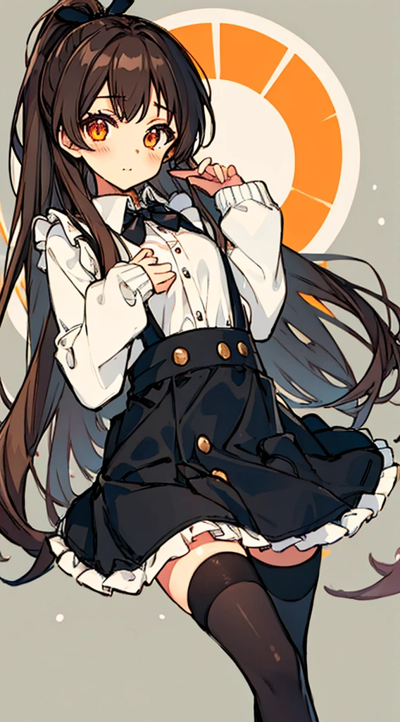 Hori Kyouko, 1 girl, black skirt, cardigan, black tights, brown hair, pinafore dress, collared dress, one-piece dress, striped cardigan, hime hair, long hair, long sleeves, looking at viewer, orange eyes, princess dress, skirt, solo, Thigh high stockings, plaid dress, apron style dress, flat chest, cute erotica, Hori Kyouko, a girl with brown hair, wears a black skirt and black stockings. She wears a one-piece dress with a collar and long sleeves, and her hair is styled in the hime style, typical of a princess. With orange eyes fixed on the viewer, her plaid dress and thigh-high stockings complement her cute and erotic appearance