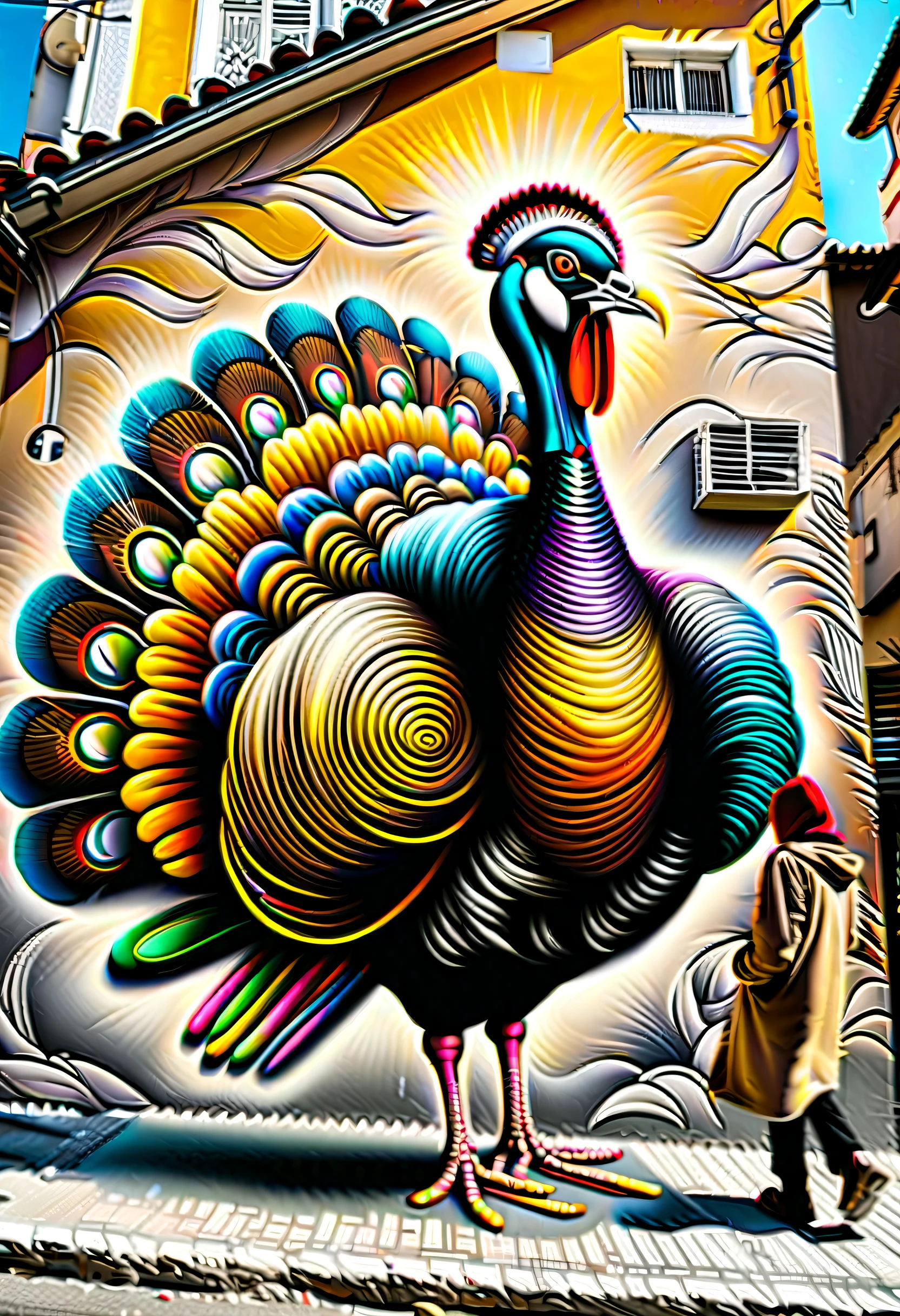 perfect freeze motion of stands alone turkey with top_hat is broken glass, alluring aura surrounds, perfect fusion of fantasy and reality in this visually stunning piece, world of dark fantasy and psychedelic trance, use of acrylic and black light paints, tempting unique and creative touch, while the traditional artistry of the first sketch, created with a fountain pen, sense of depth and skill, negative space and dark touches, overall mesmerizing effect of this masterpiece, intricate designs and masterful craftsmanship, mysterious touch background detail, (((glory intricate stunning illustrations:1.3))),