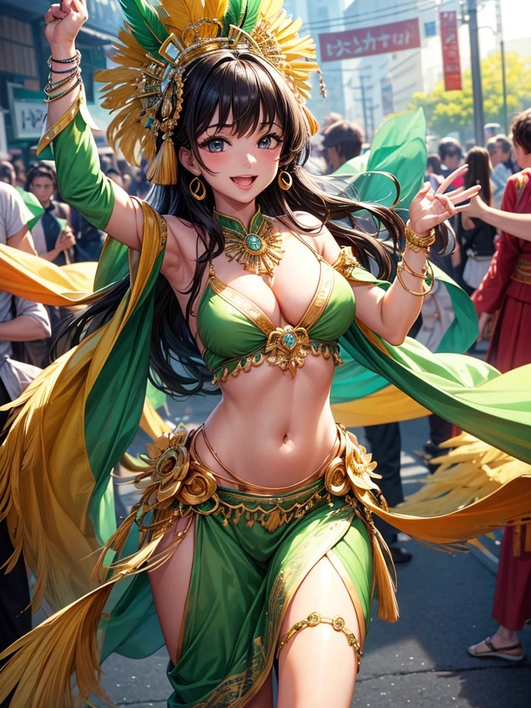 (greatest masterpiece, ultimate quality, ultra-detailed, movie lighting),1girl, solo, super fine illustration, an extremely delicate and beautiful, 8K, 21 year old, radiant beauty, Japanese university student, Rio Carnival, Bikini-type sexy and flashy samba costume, smiling joyfully, crowd around her, long black hair, dancing energetically, green and yellow feathers swaying, sequined outfit shining under sun lights, tantalizing beats, street filled with music and revelry, clapping along, making new friends from different cultures, cultural exchange through universal language of dance and smiles.