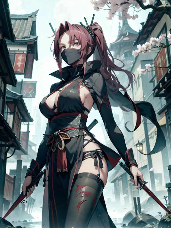 , Close Shot, focus on girl,Random Pose,Female ninja on the way to her enemy,sexy full body,(green design on black dress) long flowing hair(black with crimson highlights on strands), Skull Drawing Mask,Sexy ninja costume, Holding a metal combat sai in her hands,tattoo,Japanese pagoda BREAK,pond, Cherry blossom tree, Kunai and Shuriken were lying around,Artwork,3d,4k,Detailed,Realistic,highly detailed 4k digital art,Octane Render, bioluminic, BREAK 8K resolution concept art, Realism,by Mappa studios,Masterpiece,Best Quality,official arts,illustartion,clear line,(Cool_Color),Perfect composition,absurdress, Fantasy,Focused,the rule of thirds