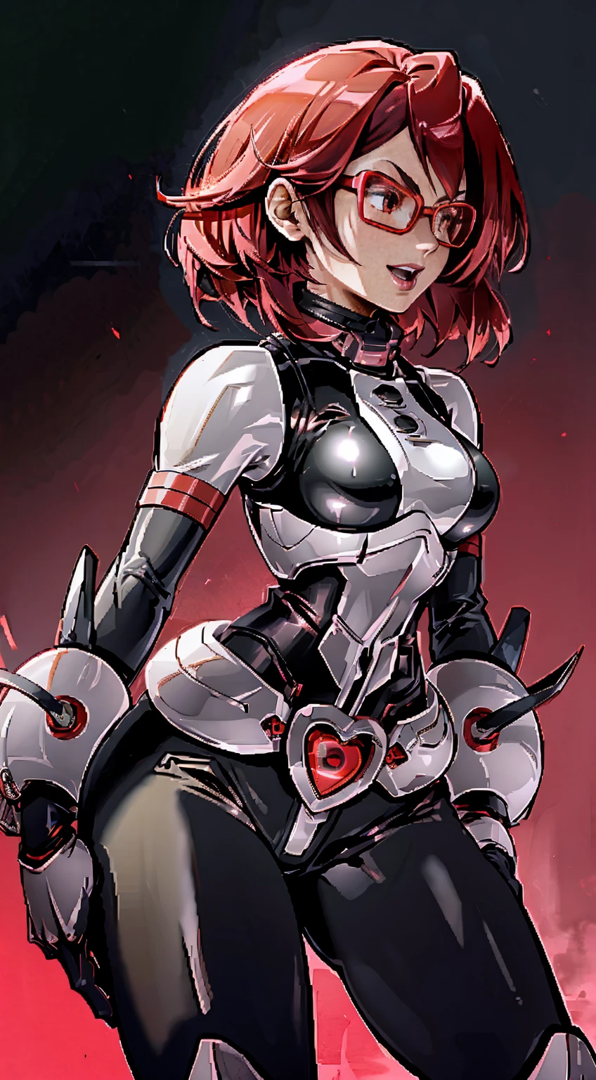 (Best quality, 4k, 8k, Ultra HD, High resolution, masterpiece:1.2), Ochako as Mettaton, full spandex/latex attire (reds and blacks), neon lights, flawless makeup, happy singing pose, fierce expression, long hair, simple greyscale background, sleek design, captivating stage presence, captivating red lipstick, confident stance, fashion model, anime glasses, anime tinted red shades, black latex pants, black latex corset, holding a large stage microphone, performance microphone, black microphone, singing stance, extremely tight corset, red bow tie around neck, medium nougat-skin color, heart-shaped silver belt buckle, thick armored metal belt, heart on armored red chestplate, long hair, brown hair, heavily armored black cuirass, chest encased in armor, black turtleneck armored, wide hips, brown hair, thick flowing brown hair,black undersuit, white mascot gloves, cuffed gloves