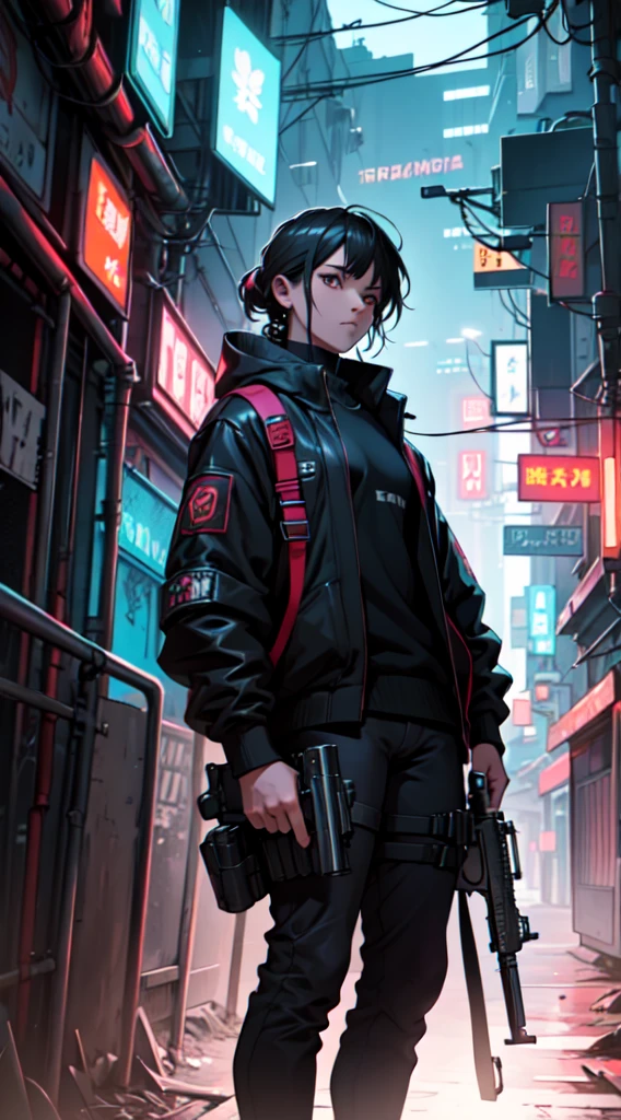 Artwork, une fille, regard agressif, Red eyes, black hair tied, two sabers in the back, dressed in black, tattoo, gangster, Yakuza, Aesthetic, cyberpunk, seductive cyberpunk dark fantasy, Threatening