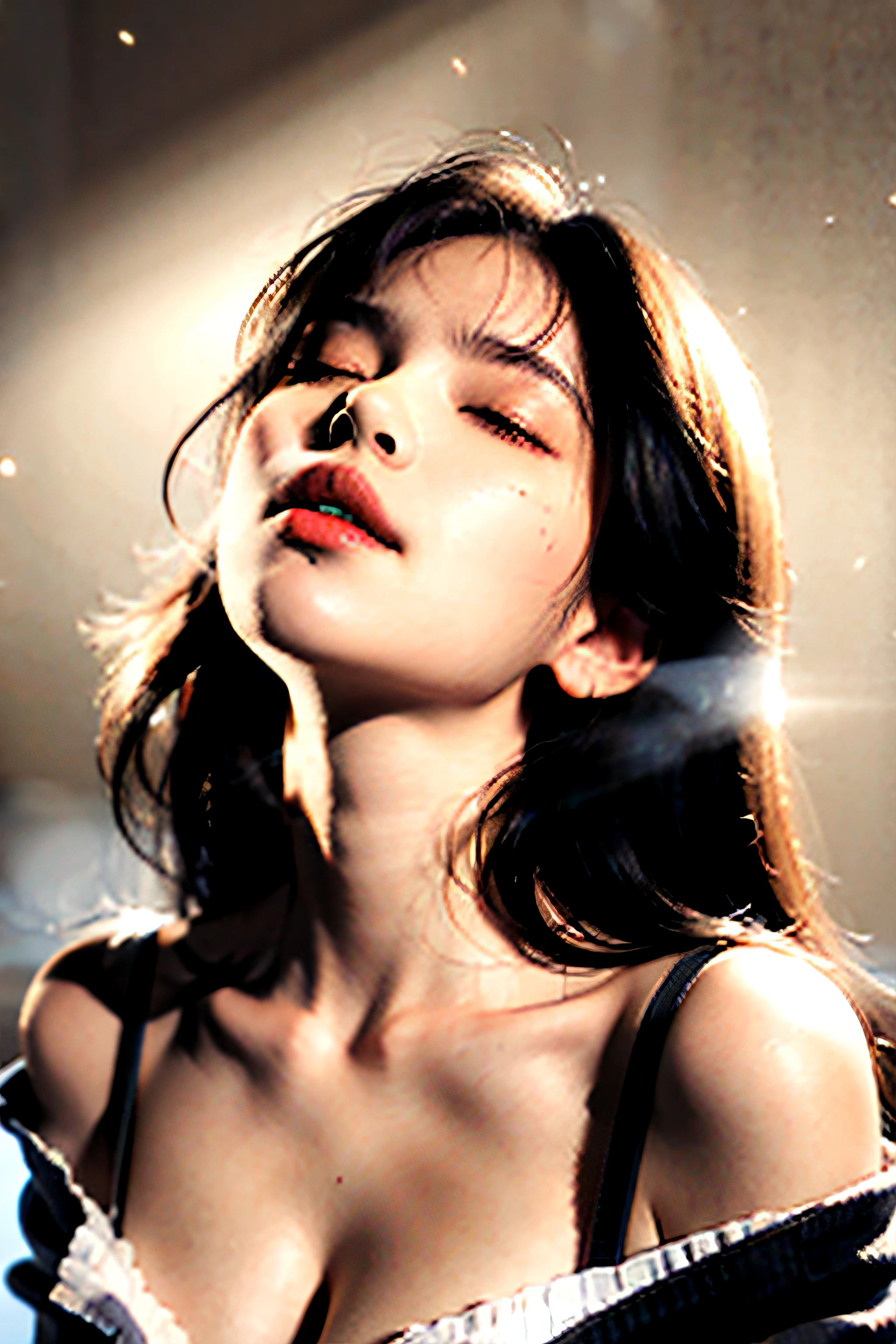 There is a white viscous liquid on the face,bared chest,shyexpression,Look up,Eyes slightly closed,with her mouth open,Look up,nakeness,gentlesoftlighting, tmasterpiece, Best quality at best, Tone-mapping, The is very detailed