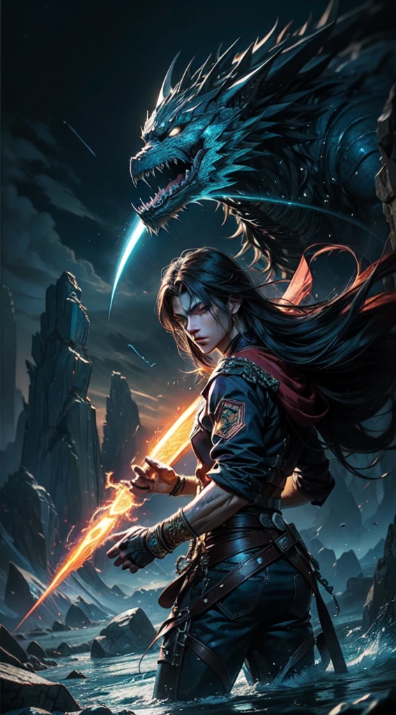 An anime male character appears in front of the gate of a sect, surrounded by magical and dynamic energy, presented in an energetic brushstroke style, with epic scenery, realistic lighting, a dark navy and sky-blue interwoven color scheme, depicting the terrain of northern China, and the incorporation of flowing energy and crystalcore elements, 32K resolution, Unreal Engine 5