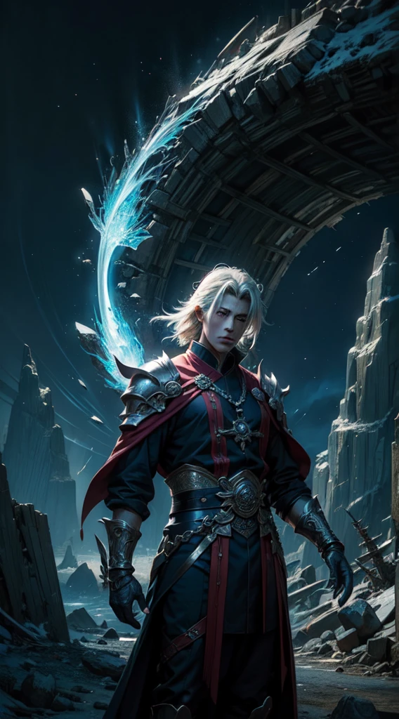 An anime male character appears in front of the gate of a sect, surrounded by magical and dynamic energy, presented in an energetic brushstroke style, with epic scenery, realistic lighting, a dark navy and sky-blue interwoven color scheme, depicting the terrain of northern China, and the incorporation of flowing energy and crystalcore elements, 32K resolution, Unreal Engine 5