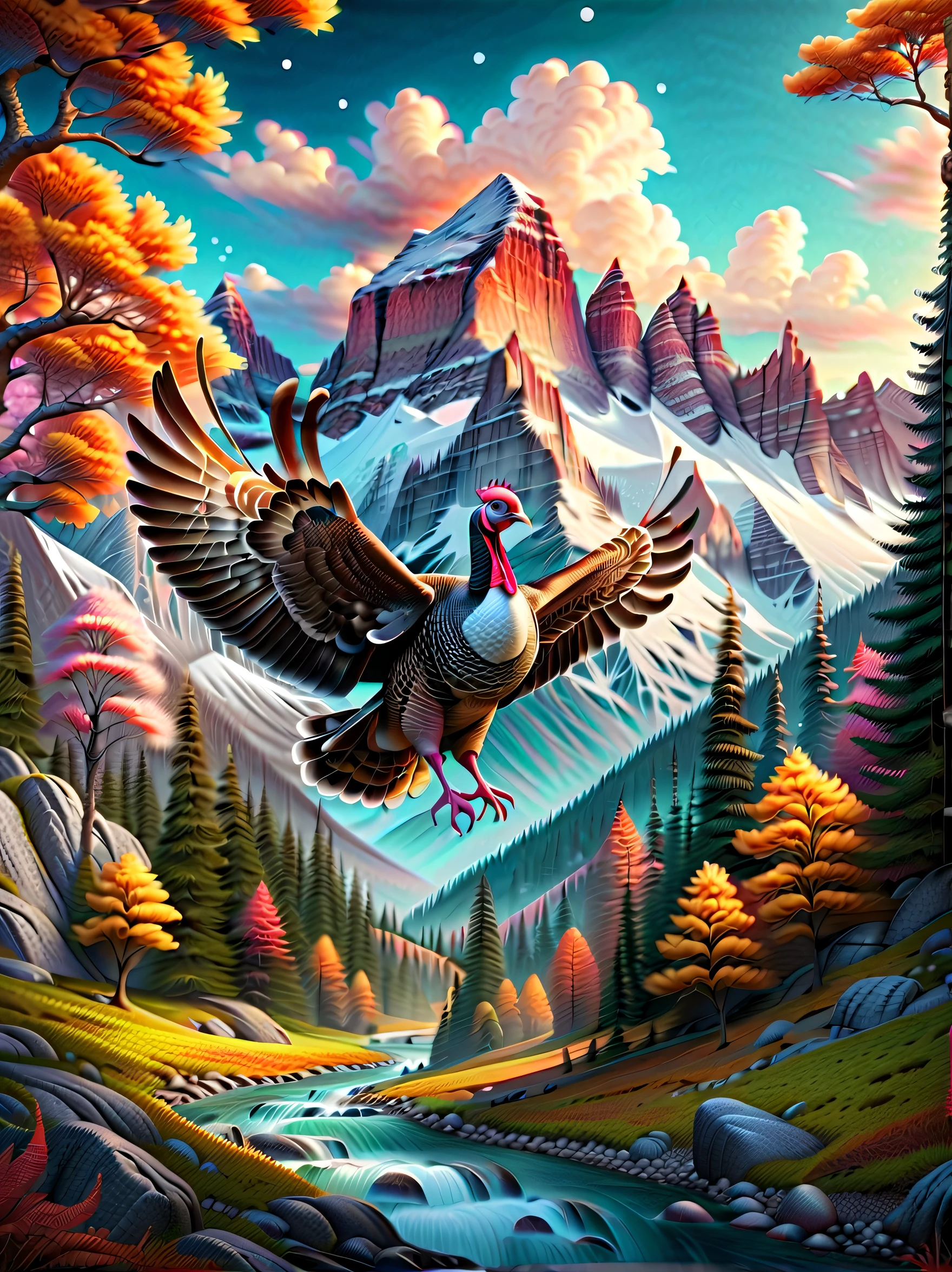 vibrant colors and fantastical turkey, breathtaking, otherworldly landscape filled of dreamlike world of wonder and magic, towering mountains to sparkling streams, rendered in a hyper-realistic style, every detail is brought to life in stunning, realistic detail, surreal, blurs the line between reality and imagination double exposure, intricate details and lifelike rendering, every corner is filled, beautiful details, wonderful and intricate details, wonderfully exquisite, exquisite beauty, beautiful lights, very beautiful, very fantastical, very detailed and exquisite illustrations, admirable, completeness that makes you forget time. quality,