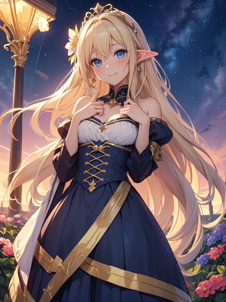 top-quality、Top image quality、masterpiece、girl with((20yr old、Best Bust、big bast、Bust 90,Beautiful blue eyes、,Blonde long hair、A slender、is standing、a closeup、Esbian、beautiful tiara、hiquality、Beautiful Art、Background with((starrysky)))masutepiece、visualart、depth of fields、sky at night、low angles、、Elven ears、Both wings shine in rainbow colors、light magic、kosmos、mid night、harp melody🎵、Fun Concerts、Happy smile、Gentle light、Emitting a magical light、Beautiful skins、beutiful breast、Beautiful long skirt、accurate fingers、Exact finger count、Beautiful flower garden.nffsw、Deities々Right、Flower Garden、(unclear)