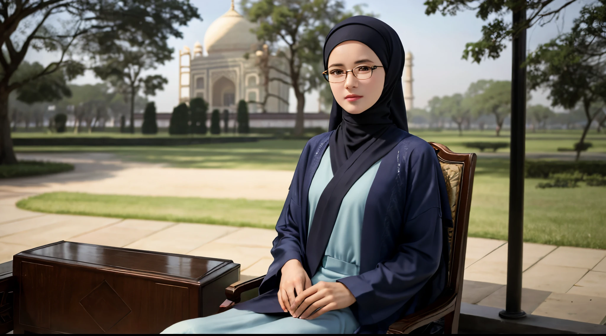 1girl, (Angeli Khang:1.3), solo, beautiful face, high detailed realistic eyes, double eyelids, high detailed realistic pupils, upon body from head to waist, (wearing hijab:1.2), (moslem headscarf:1.2), reading glasses, sitting alone on a long chair, amazing mosque park background, taj mahal