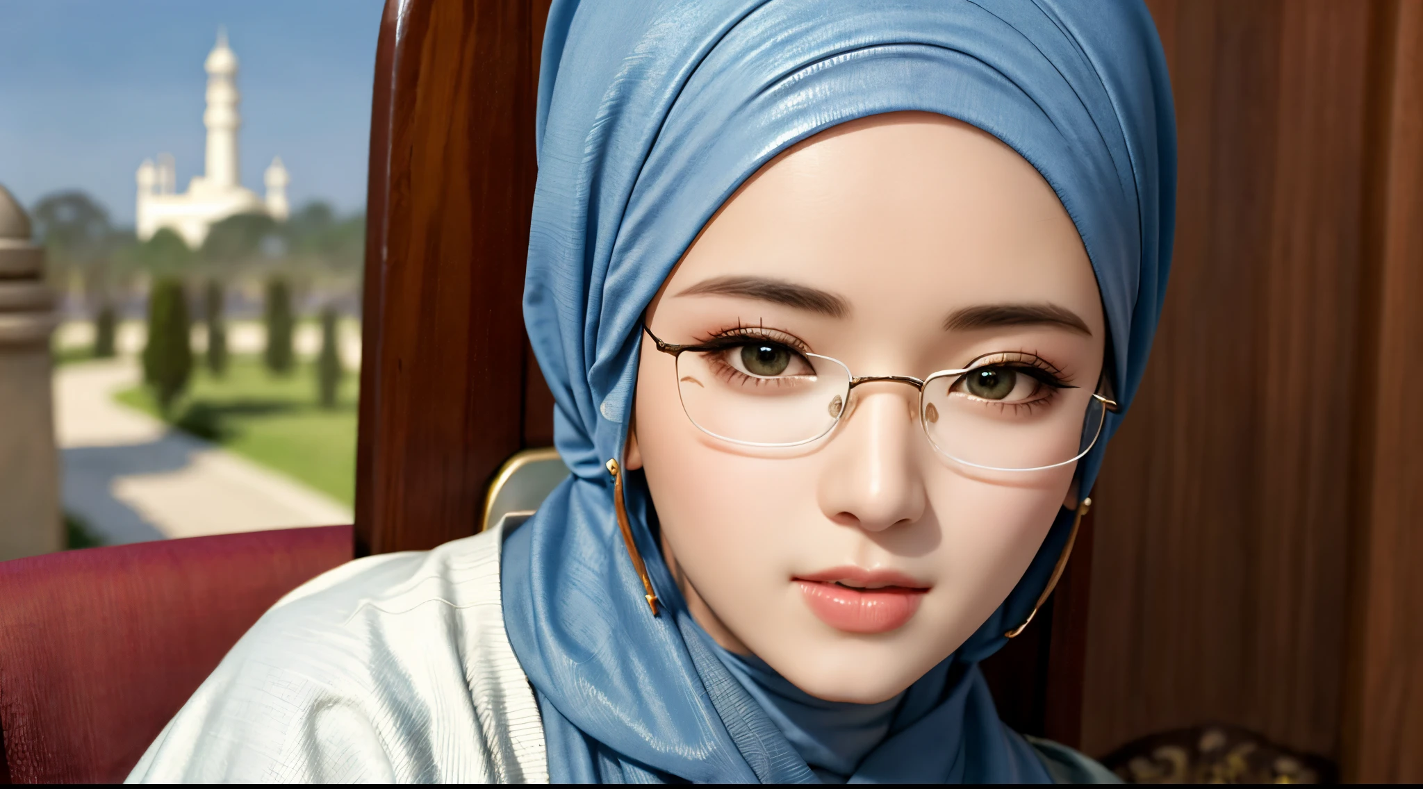 1girl, (Angeli Khang:1.3), solo, beautiful face, high detailed realistic eyes, double eyelids, high detailed realistic pupils, upon body from head to waist, (wearing hijab:1.2), (moslem headscarf:1.2), reading glasses, sitting alone on a long chair, amazing mosque park background, taj mahal