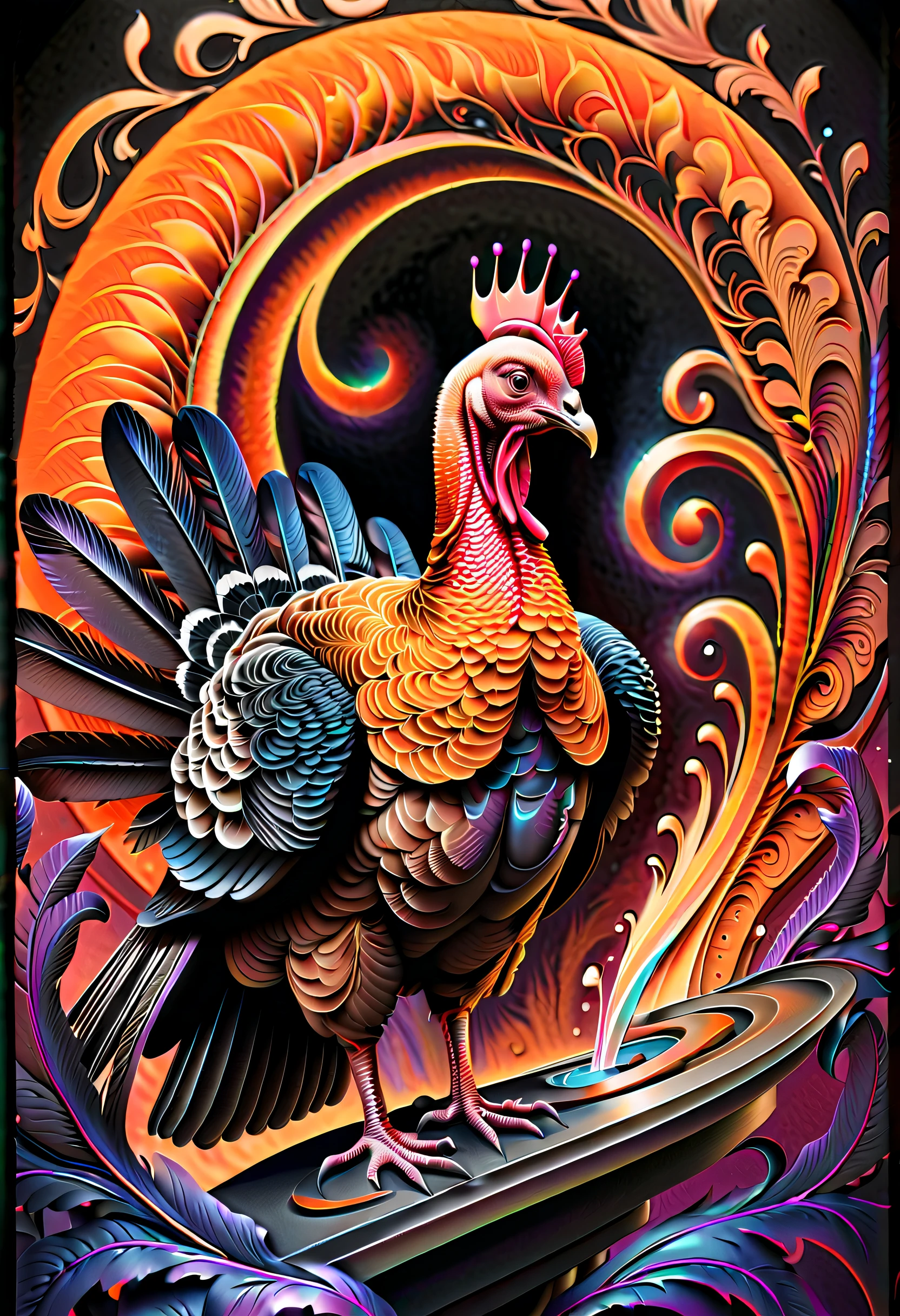 stunning turkey subject illustration, in the world of dark fantasy and psychedelic trance with this intricately detailed illustration. use of a fountain pen for the initial sketch adds a touch of traditional artistry to this piece, beauty while the use of acrylic and gel paints brings, unique creative way, perfect focal point for this visually stunning piece, perfect example of blend fantasy and reality, use wonder effect of negative space, dark orange aura, touch of darkness, incredible level of precision and skill, beautiful fusion of dark fantasy, realistic details are brought to life with masterful brushstrokes, featuring a perfect harmony.