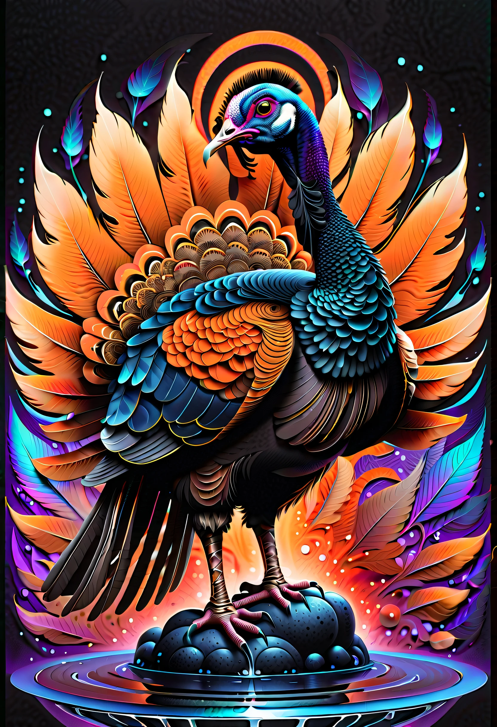 perfect freeze motion of stands alone turkey with top_hat is broken glass, alluring aura surrounds, perfect fusion of fantasy and reality in this visually stunning piece, world of dark fantasy and psychedelic trance, use of acrylic and black light paints, tempting unique and creative touch, while the traditional artistry of the first sketch, created with a fountain pen, sense of depth and skill, negative space and dark touches, overall mesmerizing effect of this masterpiece, intricate designs and masterful craftsmanship, mysterious touch background detail, (((glory intricate stunning illustrations:1.3))),