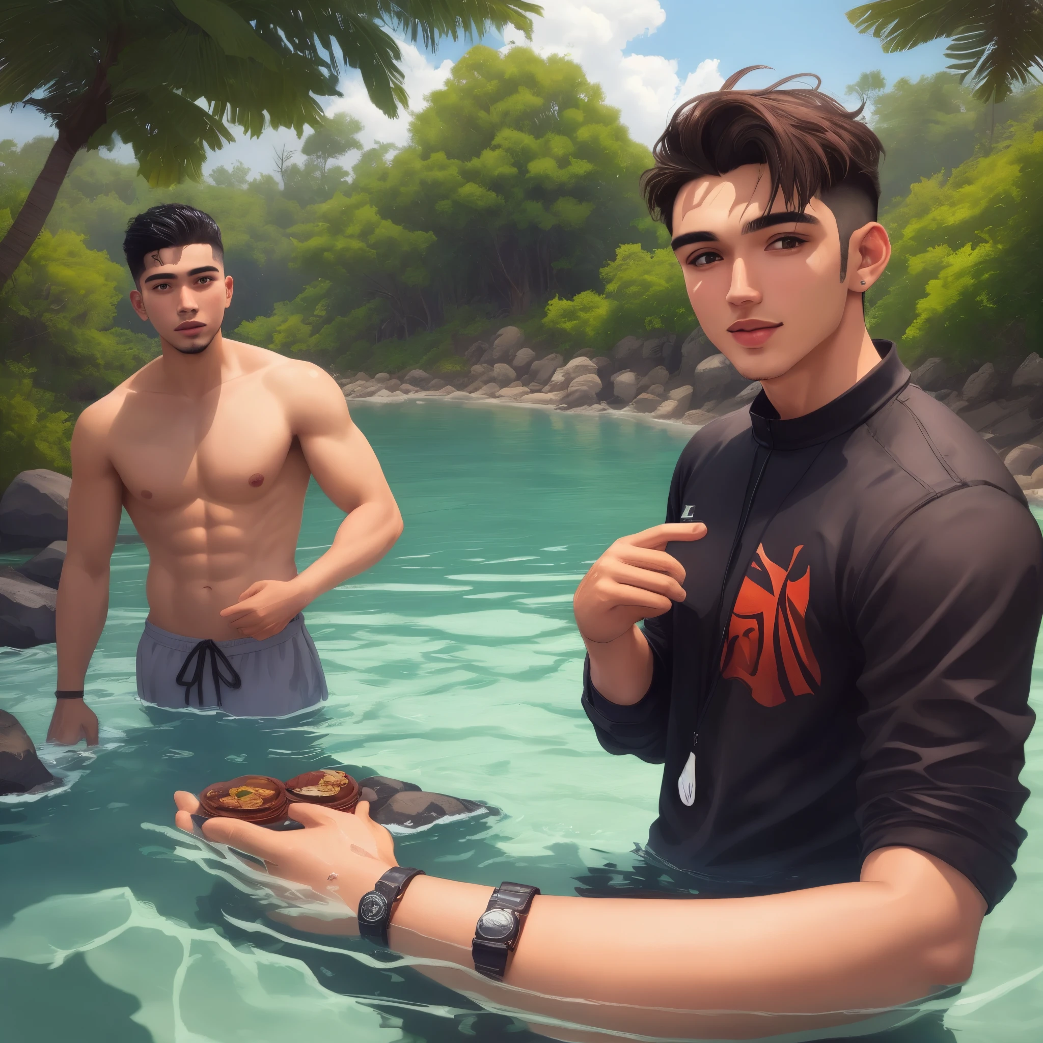 There's a man who's taking a selfie in the water, Jose Miguel Romano Francisca, zigor samaniego, andres rios, Where is the, john jude palencar, Estilo Zigor Samaniego, Miguel Anjo, 2 4 - ano - homem de idade, Alex, ungina real, Eloy Morales, Fabiano Perez, Khyzyl Saleem