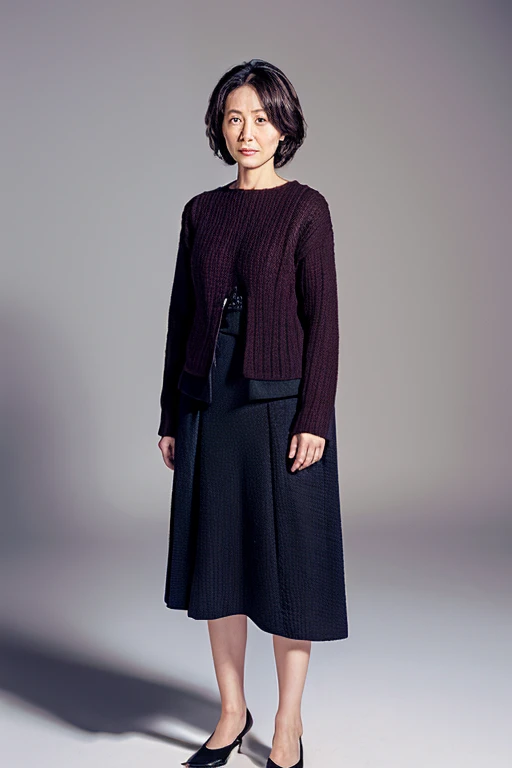 Pale solid color background,japanese mature, 30-years old, governess, Slim figure, 独奏, He stands in the center of the screen and looks straight ahead with a serious expression with his mouth and eyes closed., Sweaters, skirt by the, Composition from knees to top of head, hight resolution, high-level image quality, high detailing, Textured skin, tre anatomically correct, sharp,