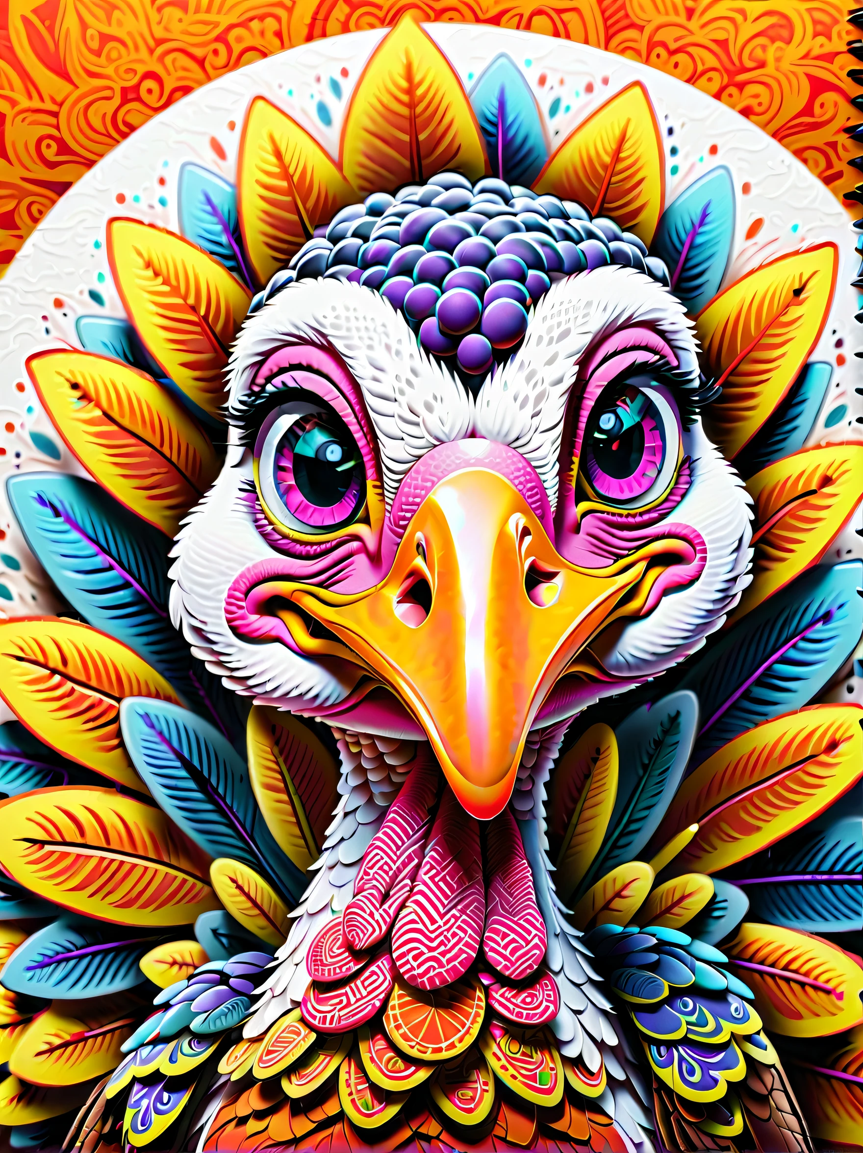 perfect freeze motion of stands alone turkey with top_hat is broken glass, alluring aura surrounds, perfect fusion of fantasy and reality in this visually stunning piece, world of dark fantasy and psychedelic trance, use of acrylic and black light paints, tempting unique and creative touch, while the traditional artistry of the first sketch, created with a fountain pen, sense of depth and skill, negative space and dark touches, overall mesmerizing effect of this masterpiece, intricate designs and masterful craftsmanship, mysterious touch background detail, (((glory intricate stunning illustrations:1.3))),
