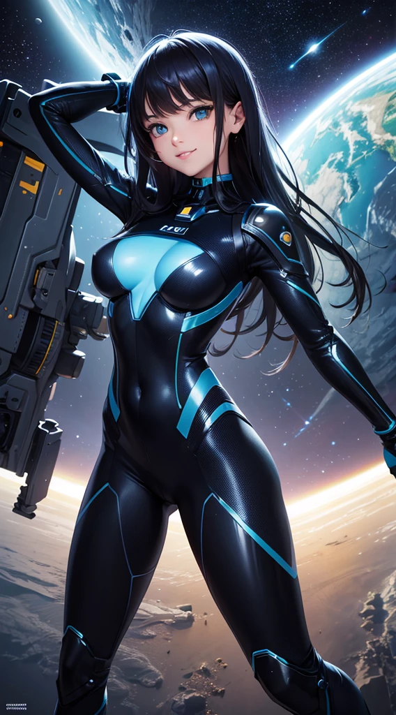 cyber girl in space, blue and black body suit, sci-fi, perfect body, bare legs, dark hair, smiling, beautiful eyes, detailed, masterpiece, high res, high quality, planets, stars