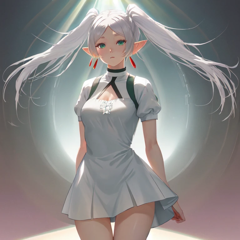 Frieren, twintails, earrings, short dress, white hair, realistic, 1girl, light rays, glow, thighs, narrow waist, (masterpiece), wallpaper,