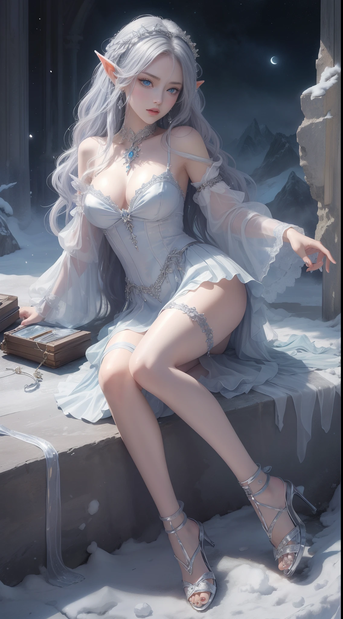 tmasterpiece,Highest image quality,Beautiful full body portrait of noble elf girl,Delicate silver hairstyle,clear sky blue eyes,Various well-made jewelry gauze skirts,heeled sandals,snowy desert,Moonlight super detailed,advanced。At the Pixiv Art Station,Break your own power,Luigi,Big breasts exposing cleavage,R-18G