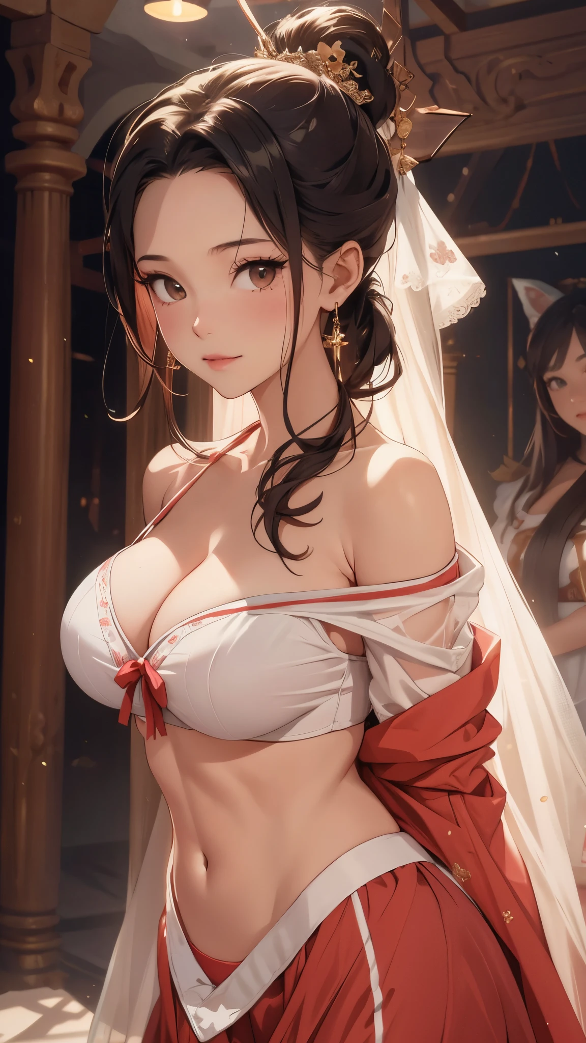 (RAW photos,Best quality),Huge cleavage,sporty attire,ssmile,white clothes,frontal photos,Lop,(Off-the-shoulder attire),(realistically,real photograph:1.3 pcs),Best quality,Lop,,The content is very detailed,tmasterpiece、,ultra - detailed,lamplight、,2 girls,(huge boob,Lop)