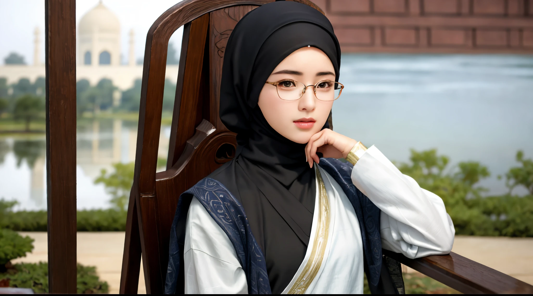 1girl, (Angeli Khang:1.3), solo, beautiful face, high detailed realistic eyes, double eyelids, high detailed realistic pupils, upon body from head to waist, (wearing hijab:1.2), (moslem headscarf:1.2), reading glasses, sitting alone on a long chair, amazing mosque park background, taj mahal