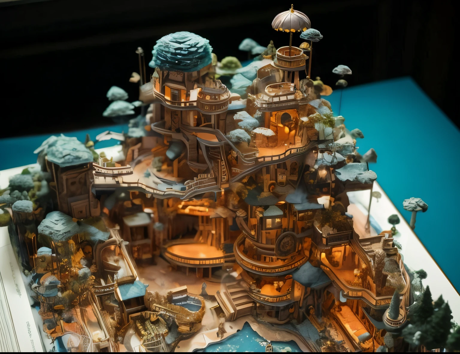 There is a model of a castle on a table with a blue background, 超詳細, The fantasy is very detailed, Crazy beautiful details, Intricate fantasy of reality, The is very detailed, Beautiful and detailed miniature, extremely detaile, Complex detail environment, iintricate、Detail-rich 8k, The is very detailed, beautiful detailed fantasy, Very very high detailed, Beautiful super detailed, Very detailed and beautiful，comic style, hyperdetailed, dreamlike,  Colorful,  pixel art, +16bit