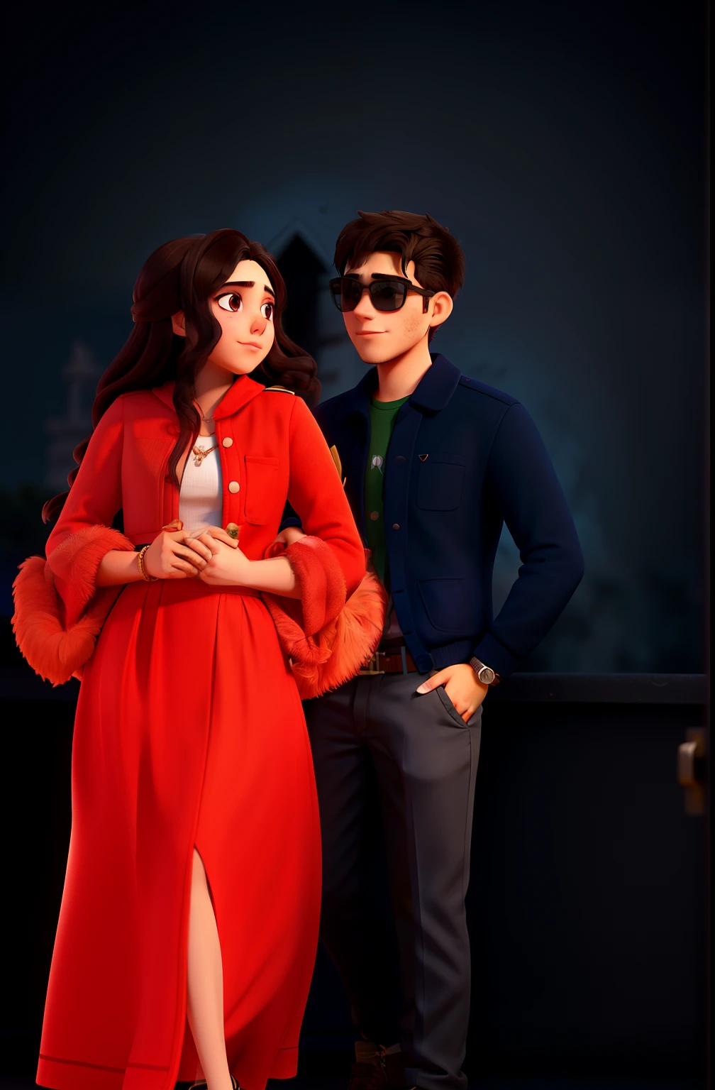 Young couple with sunglasses and passionate look. O jovem rapaz tem barba no rosto todo. The two of them are in a very beautiful background landscape