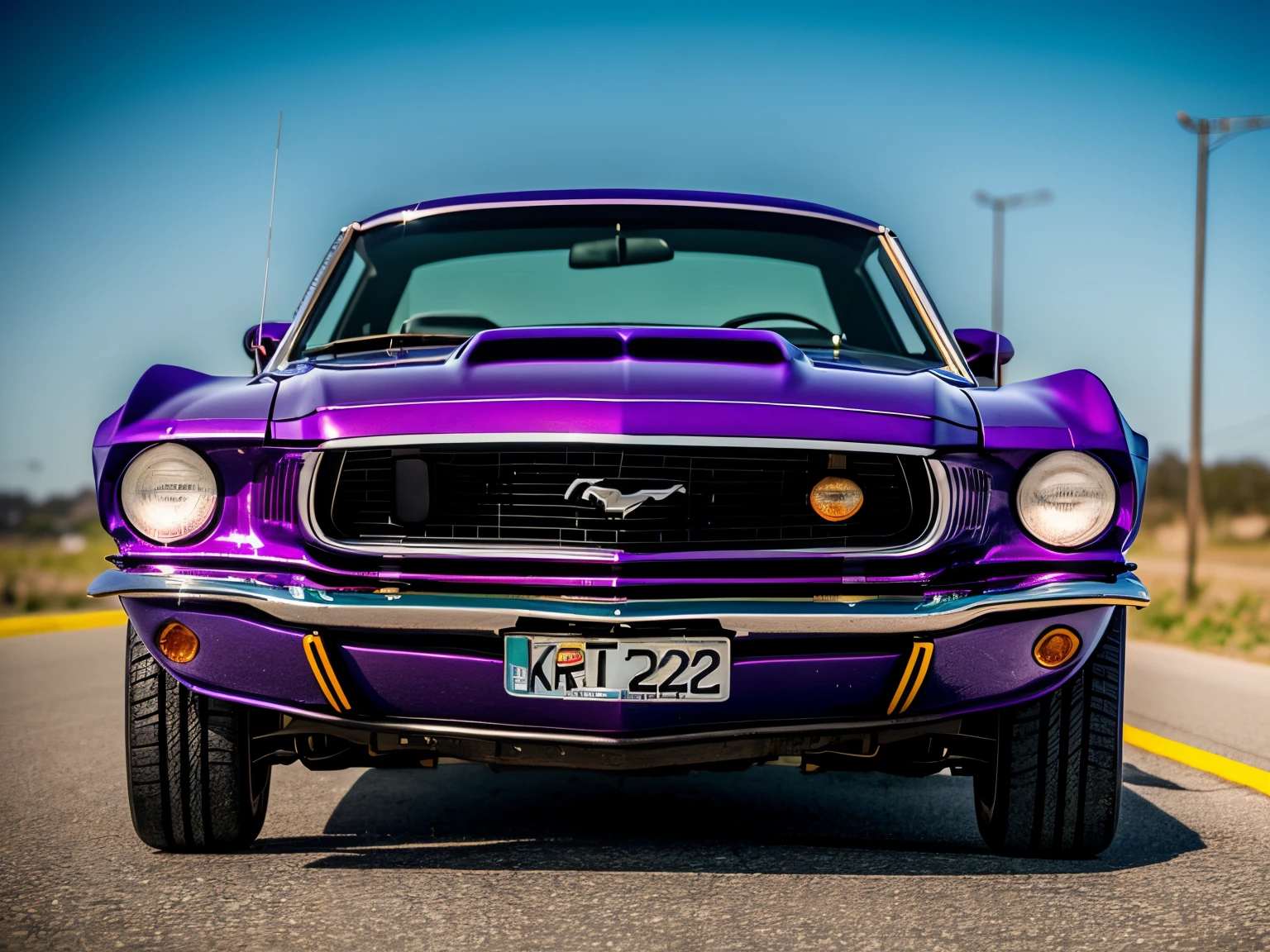 diagonal camera, imagem de Uma linda garota de 18 anos dirigindo dentro de um mustang fastback hot rod, COR roxo cromado METALICO reflexivo, metallic purple color, estilo Hotrod , estilo filme stalone cobra, a pintura reflete a luz do sol, reflexo do brilho da luz na pintura, tem roda cor azul estrela, tem roda cor azul estrela, rodas esportivas grossas e ridiculously largas e viradas, ridiculously lowered front suspension, dentro de uma garagem com paredes brancas, imagem em pose diagonal, obra prima