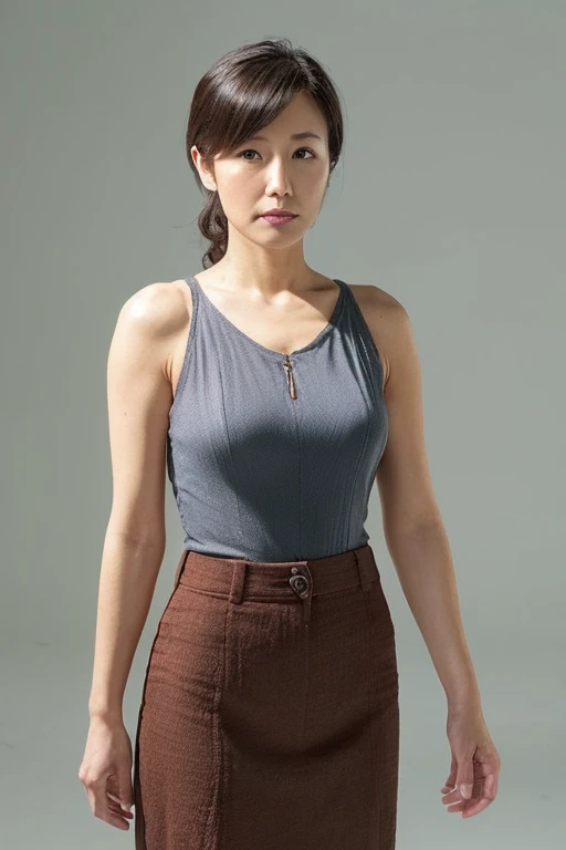Pale solid color background,japanese mature, 30-years old, governess, Slim figure, 独奏, He stands in the center of the screen and looks straight ahead with a serious expression with his mouth and eyes closed., Tank tops, skirt by the, Composition from knees to top of head, hight resolution, high-level image quality, high detailing, Textured skin, tre anatomically correct, sharp,