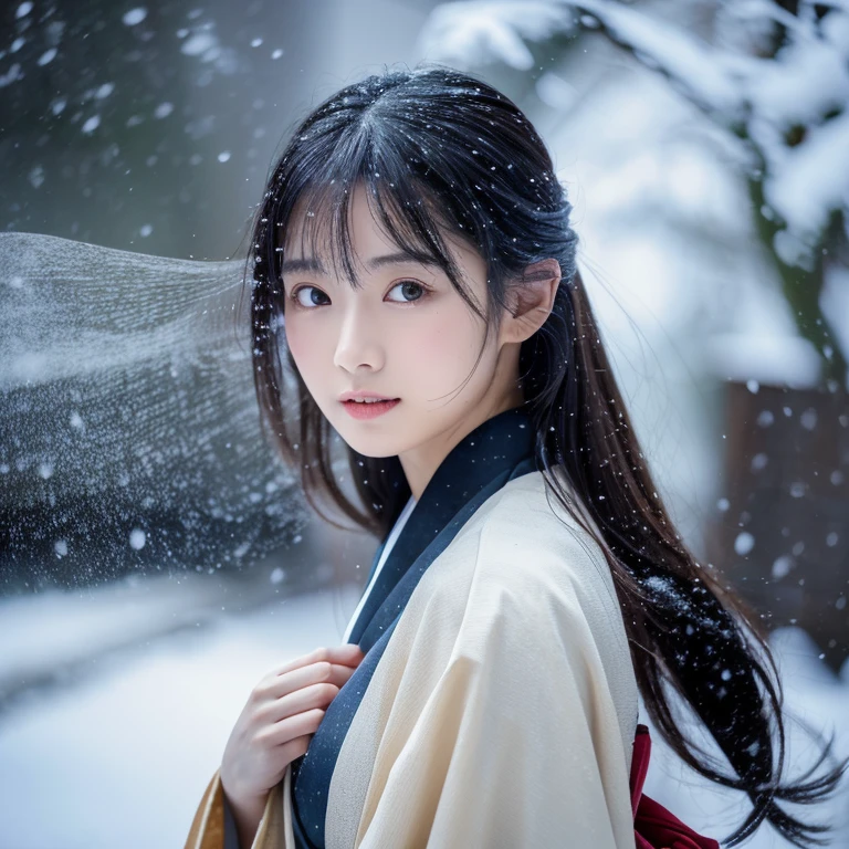 (Kimono)、、(top-quality,masterpiece:1.3,超A high resolution,),(ultra-detailliert,Caustics),(Photorealsitic:1.4,RAW shooting,)Ultra-realistic capture,A highly detailed,high-definition16Kfor human skin、 Skin texture is natural、、The skin looks healthy with an even tone、 Use natural light and color,One Woman,japanes,,kawaii,A dark-haired,(depth of fields、chromatic abberation、、Wide range of lighting、Natural Shading、)、、(Falling snow:1.2)、(Hair swaying in the wind:1.2)、(Snow reflects light:1.2)、Back lighting(Silky silky hair that reaches down to your waist)(Full body composition)