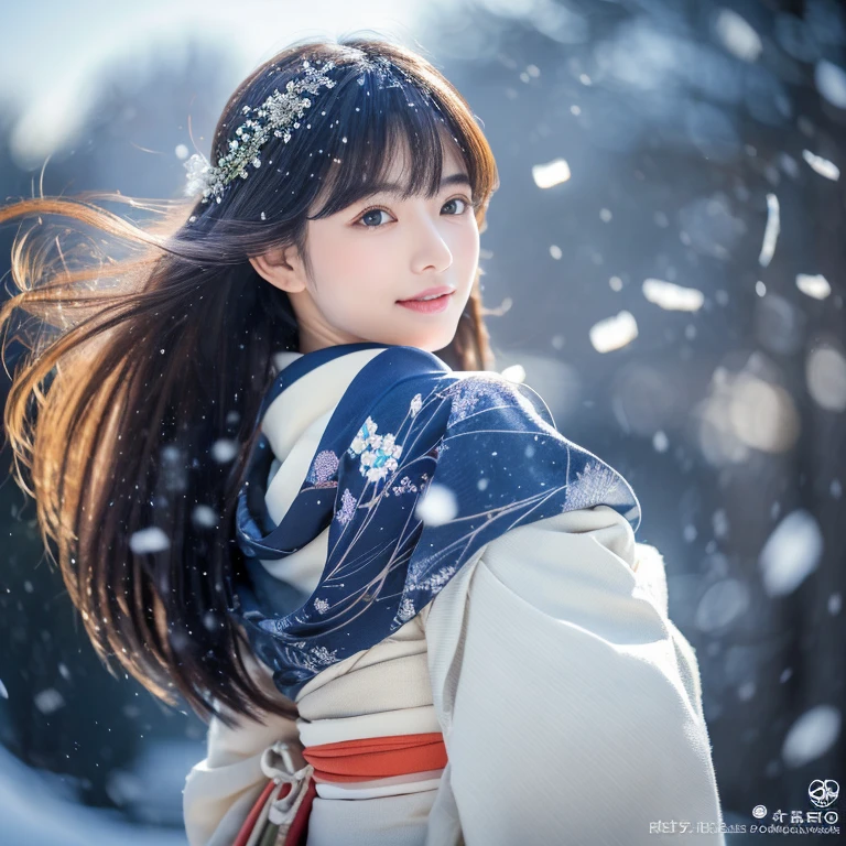 (Kimono)、、(top-quality,​masterpiece:1.3,超A high resolution,),(ultra-detailliert,Caustics),(Photorealsitic:1.4,RAW shooting,)Ultra-realistic capture,A highly detailed,high-definition16Kfor human skin、 Skin texture is natural、、The skin looks healthy with an even tone、 Use natural light and color,One Woman,japanes,,kawaii,A dark-haired,(depth of fields、chromatic abberation、、Wide range of lighting、Natural Shading、)、、(Falling snow:1.2)、(Hair swaying in the wind:1.2)、(Snow reflects light:1.2)、Back lighting（Silky silky hair that reaches down to your waist）（Full body composition）