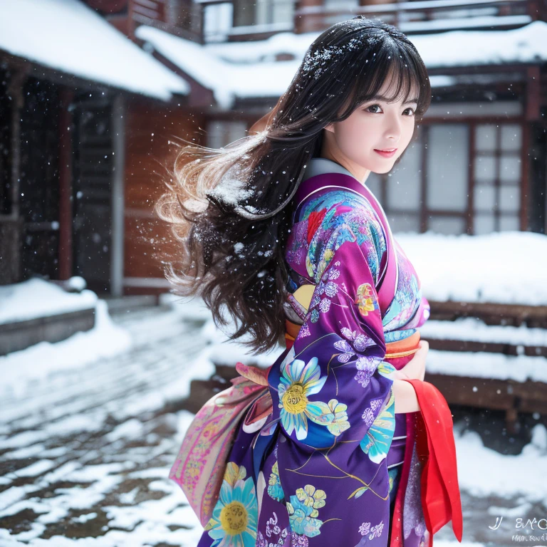 (Kimono)、、(top-quality,masterpiece:1.3,超A high resolution,),(ultra-detailliert,Caustics),(Photorealsitic:1.4,RAW shooting,)Ultra-realistic capture,A highly detailed,high-definition16Kfor human skin、 Skin texture is natural、、The skin looks healthy with an even tone、 Use natural light and color,One Woman,japanes,,kawaii,A dark-haired,(depth of fields、chromatic abberation、、Wide range of lighting、Natural Shading、)、、(Falling snow:1.2)、(Hair swaying in the wind:1.2)、(Snow reflects light:1.2)、Back lighting(Silky silky hair that reaches down to your waist)(Full body composition)