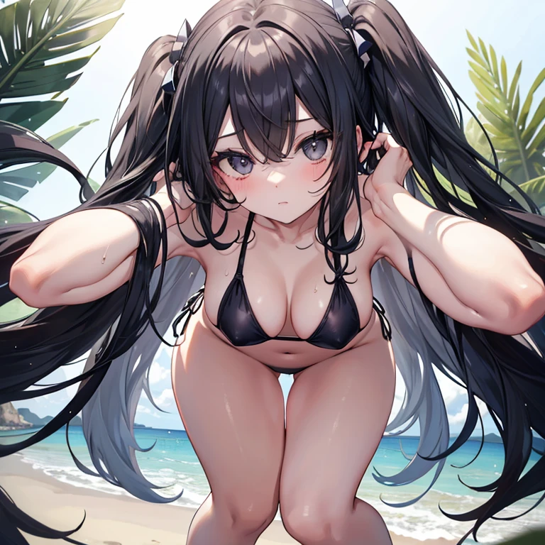 top-quality　masuter piece　The highest resolution　teens girl　Glamour　hide one's hands　Big eyes　Black eyes　A dark-haired　The long-haired　（Ecstatic look:1.3) Black Micro Bikini　（open the legs widely）Hands hide behind your back　from below looking up　sand beach