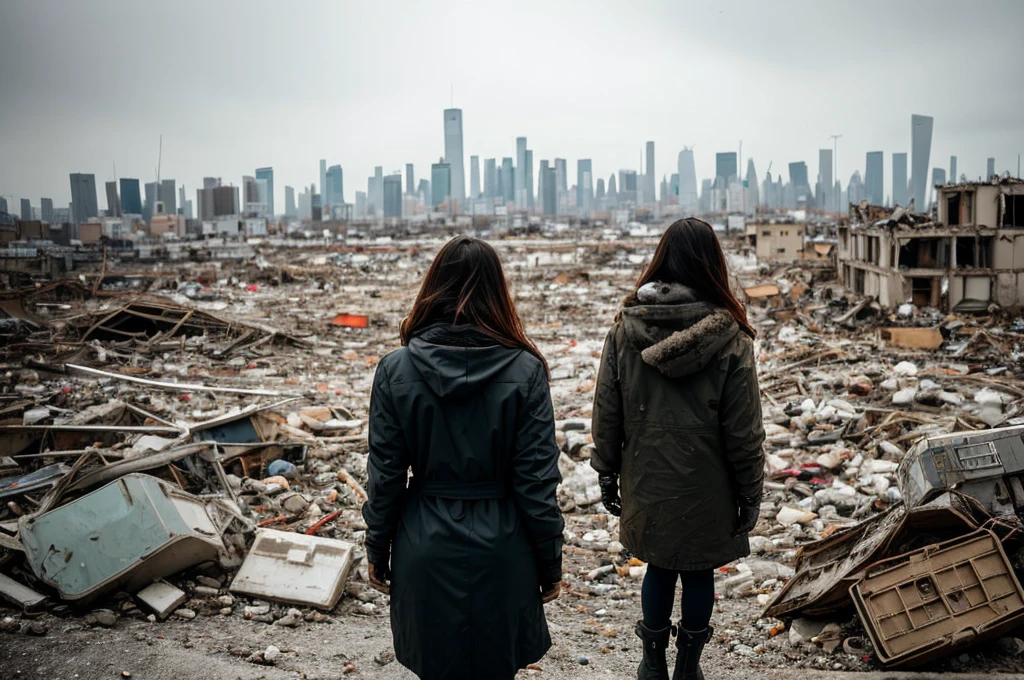 Woman standing in front of a pile of rubble, In a post-apocalyptic environment, in a post-apocalyptic wasteland, destroyed city in background, Environmental portrait, Em uma paisagem Urbana Arruinada, Desolate doomsday style, Set in a post-apocalyptic Tokyo, ( apocalyptic ) 8K, photo of a woman, Doomsday setting, Still from a live action movie