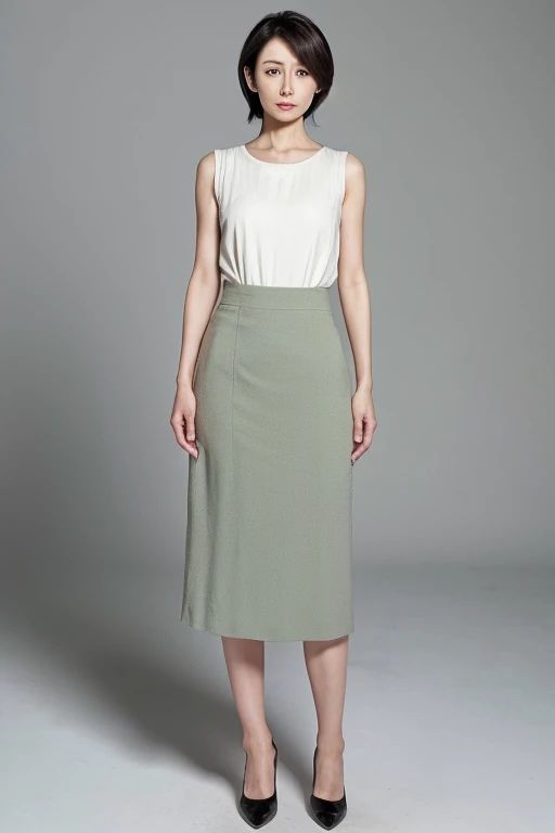 Pale solid color background,japanese mature, 30-years old, governess, Slim figure, 独奏, He stands in the center of the screen and looks straight ahead with a serious expression with his mouth and eyes closed., Tank tops, skirt by the, Composition from knees to top of head, hight resolution, high-level image quality, high detailing, Textured skin, tre anatomically correct, sharp,