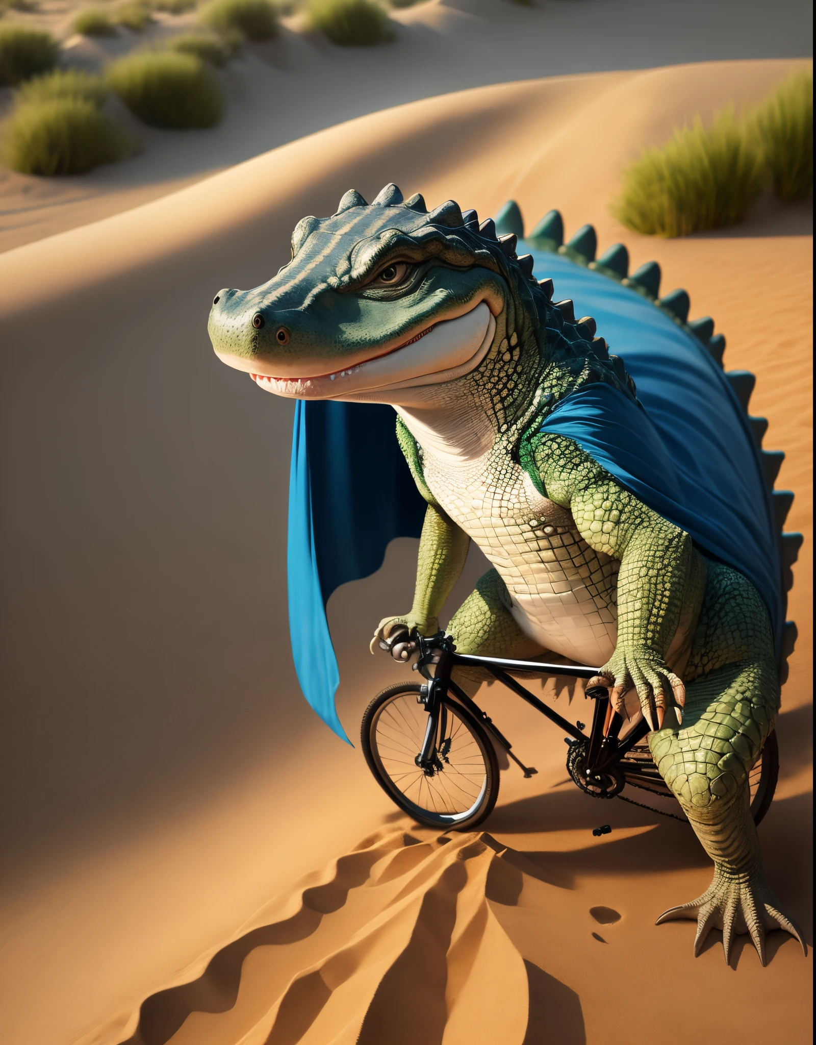 Alligator wearing a cape riding a bicycle over sand