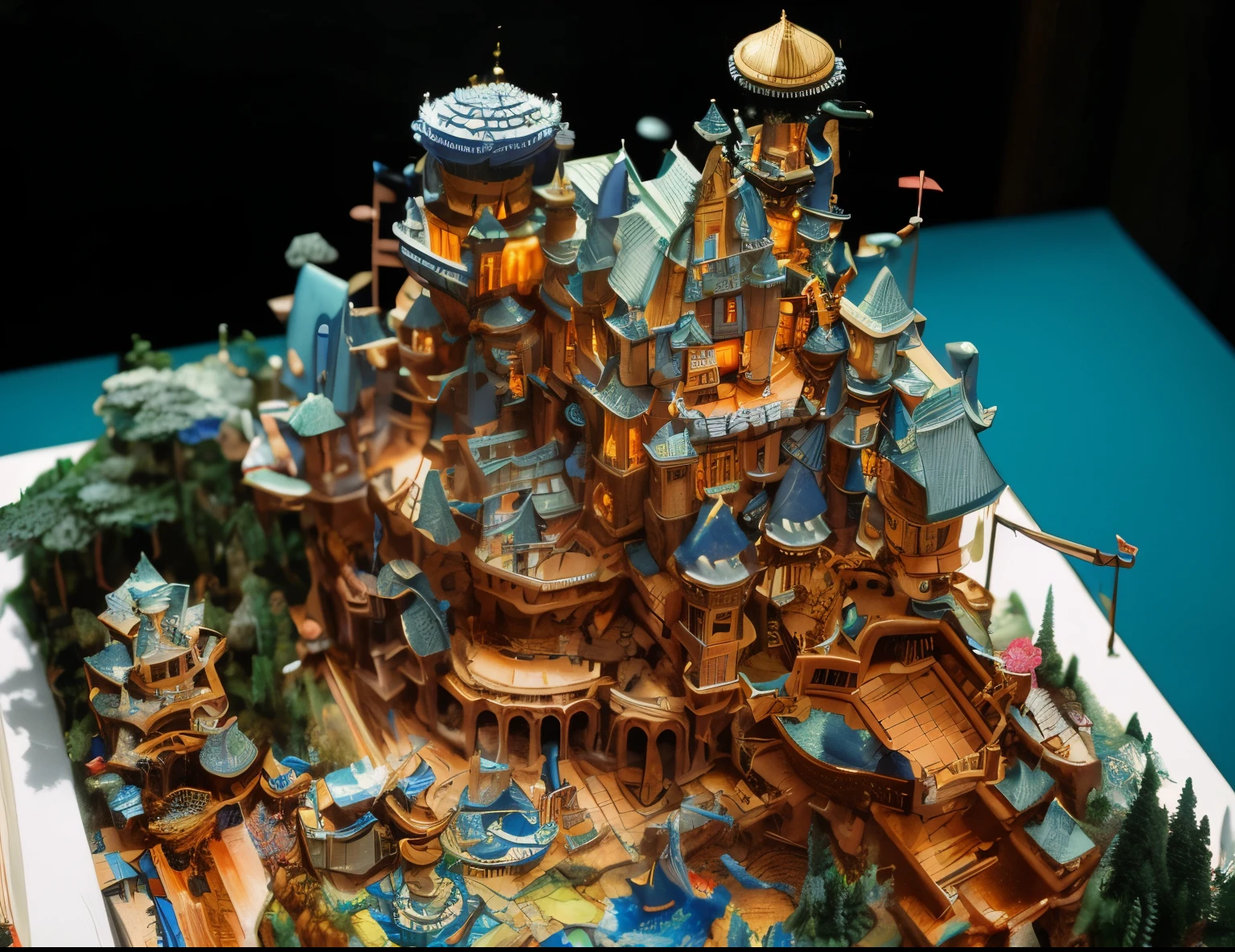 There is a model of a castle on a table with a blue background, ultra - detailed, Fantasy is detailed, Crazy beautiful details, Intricate fantasy of reality, The content is very detailed, Beautiful and detailed miniatures, The is very detailed, Complex and detailed environments, iintricate、Detail-rich 8k, The content is very detailed, beautiful detailed fantasy, Very very high detailed, Beautiful and super detailed, very detailed and beautiful，Manhwa Style, the ultra-detailed, It's like a dream,  Colorful,  pixelart, +16 bits